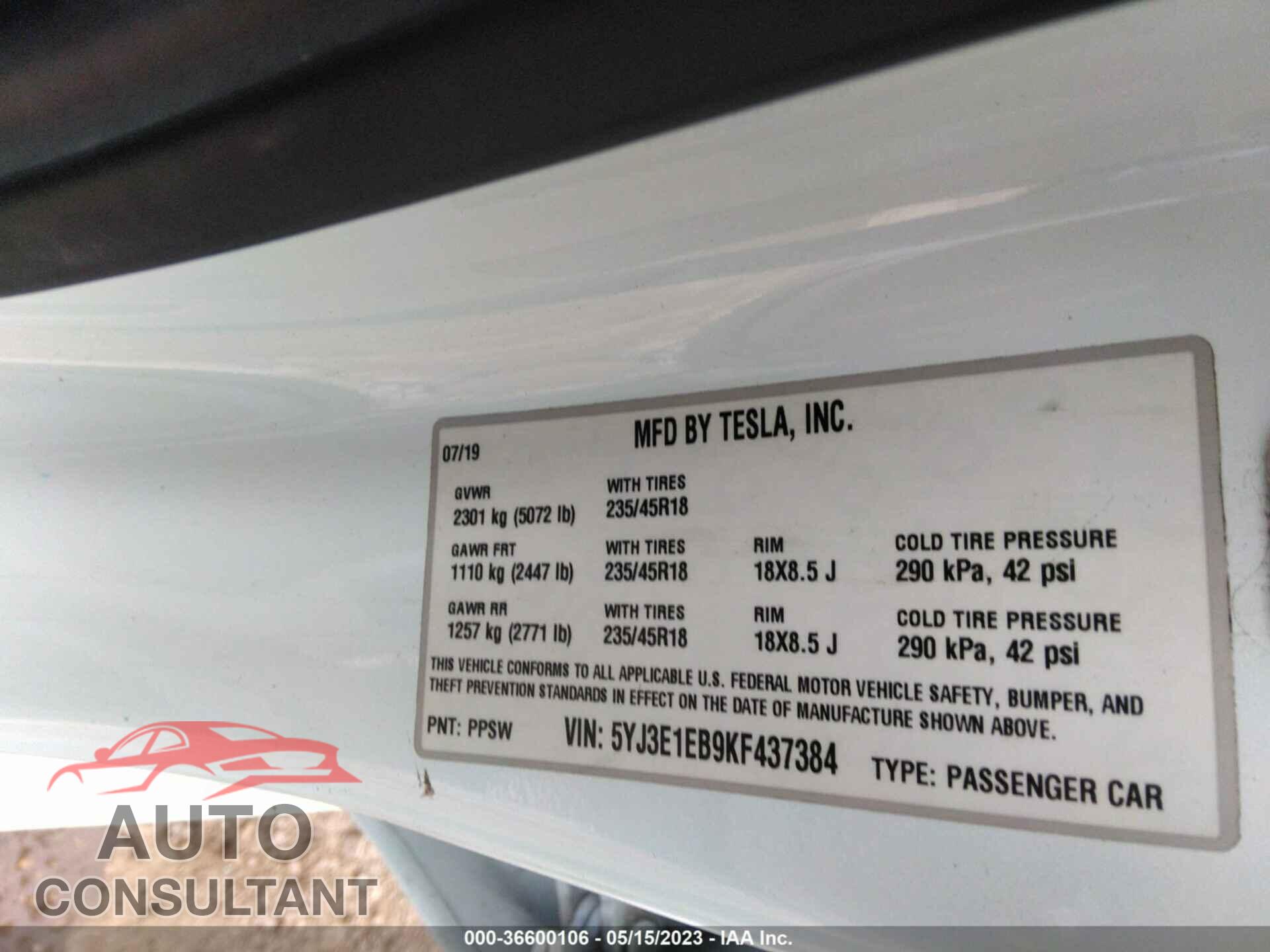 TESLA MODEL 3 2019 - 5YJ3E1EB9KF437384