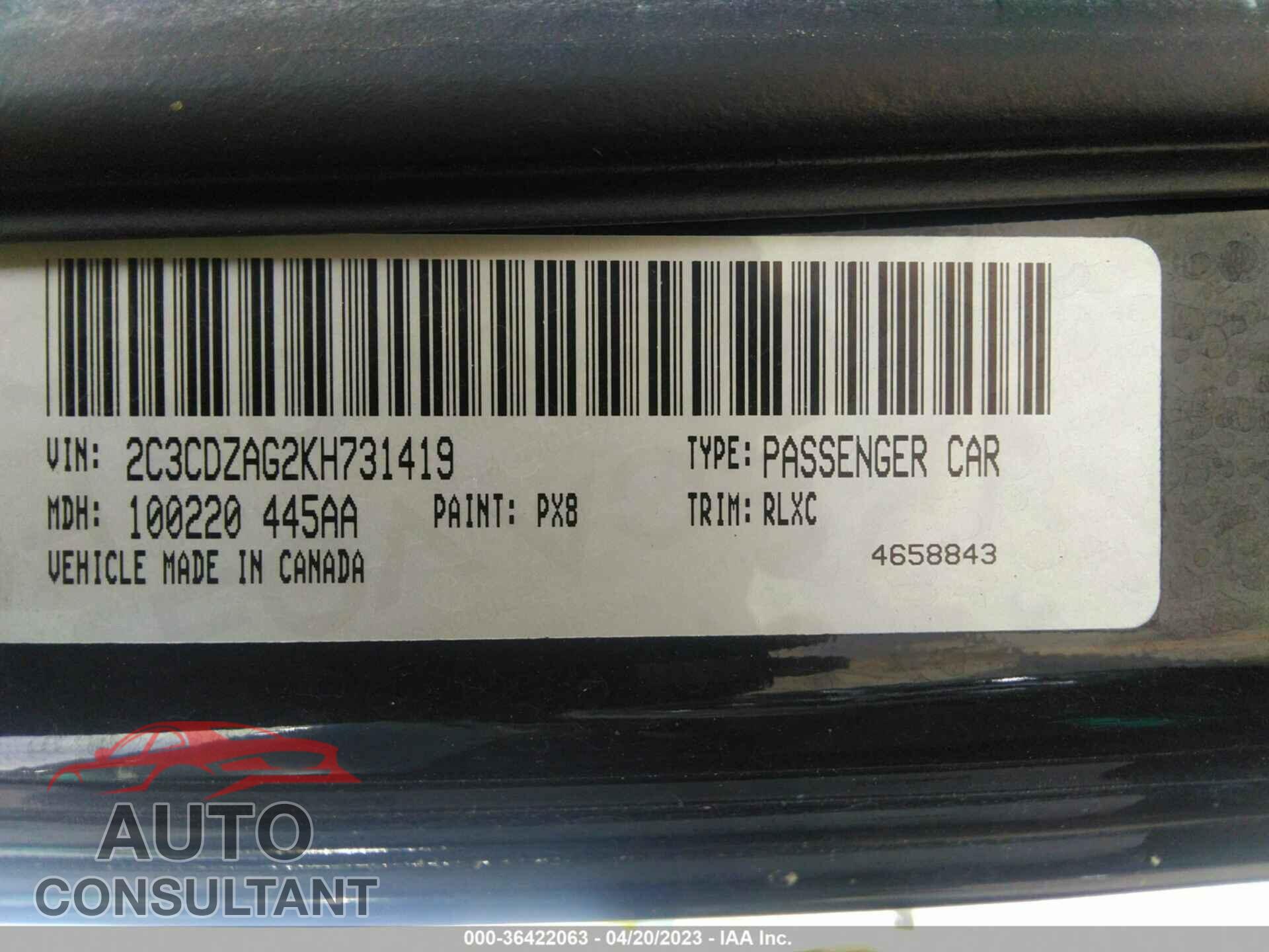 DODGE CHALLENGER 2019 - 2C3CDZAG2KH731419