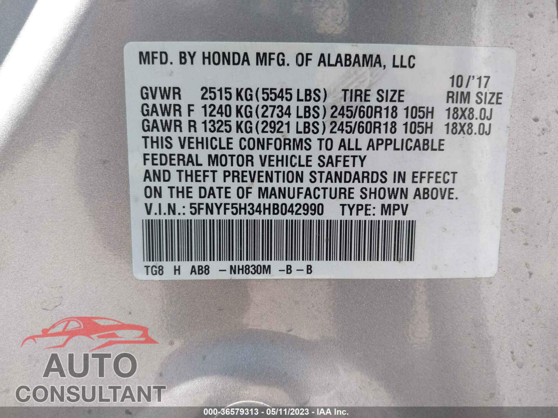 HONDA PILOT 2017 - 5FNYF5H34HB042990