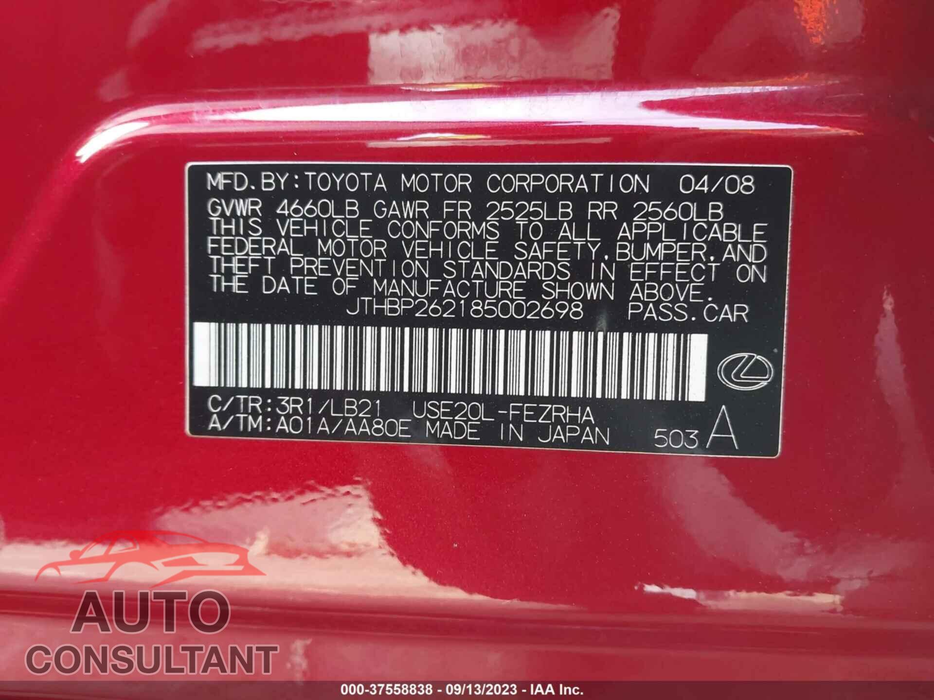 LEXUS IS F 2008 - JTHBP262185002698