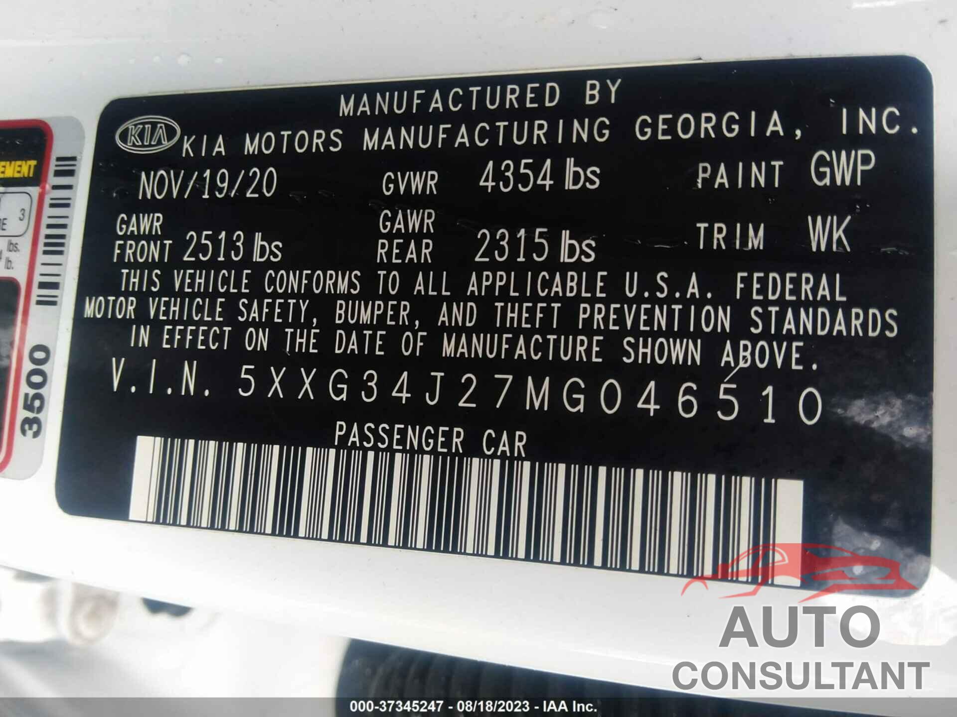 KIA K5 2021 - 5XXG34J27MG046510