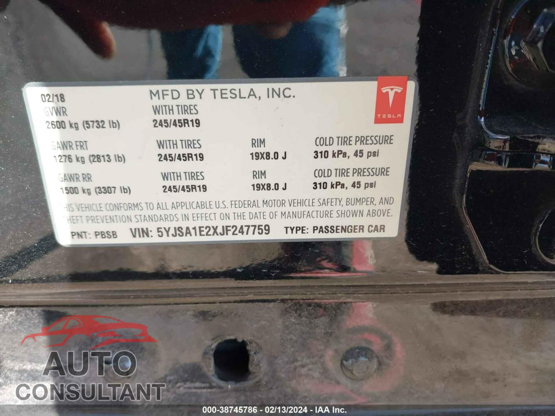 TESLA MODEL S 2018 - 5YJSA1E2XJF247759