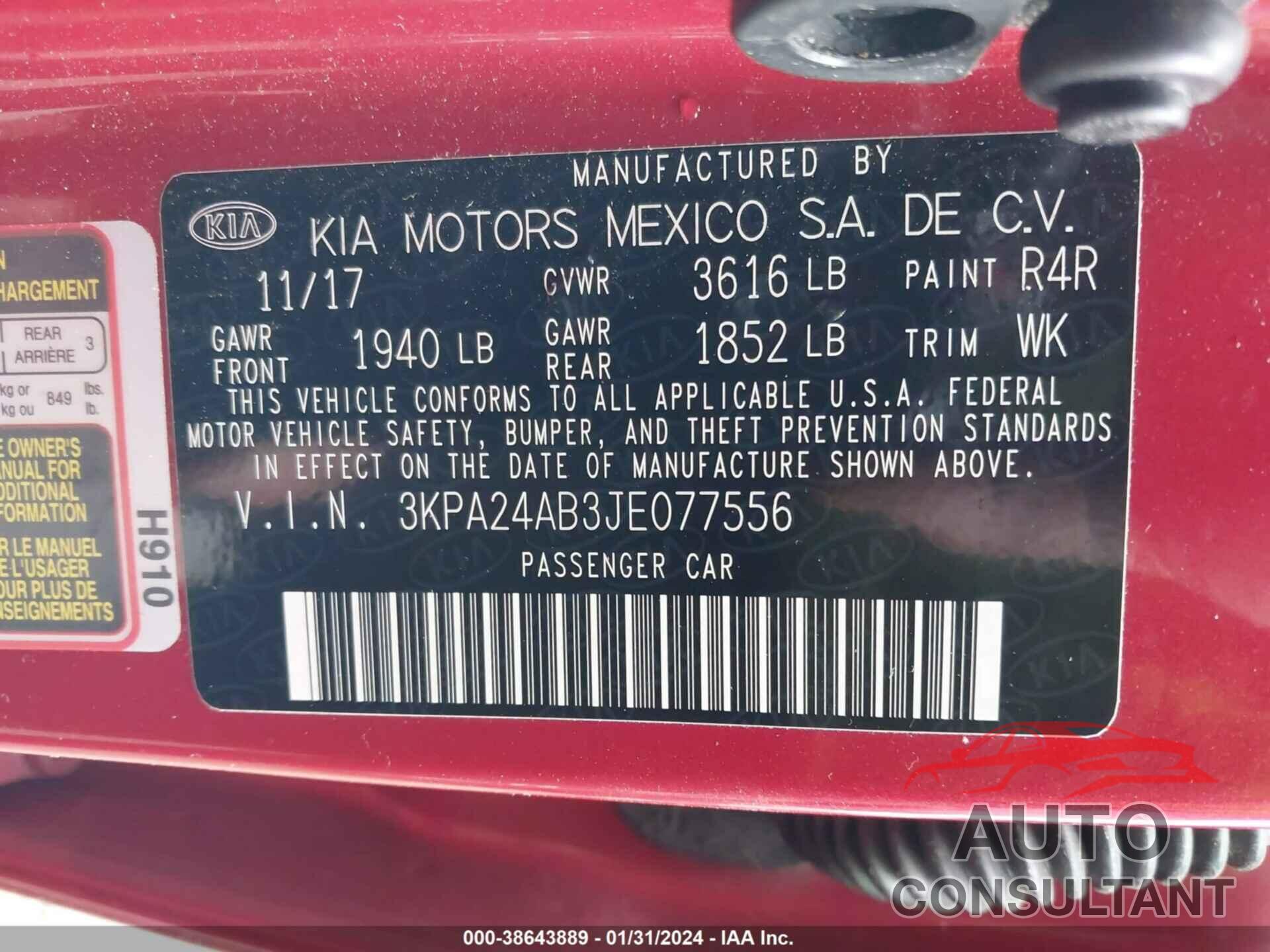 KIA RIO 2018 - 3KPA24AB3JE077556