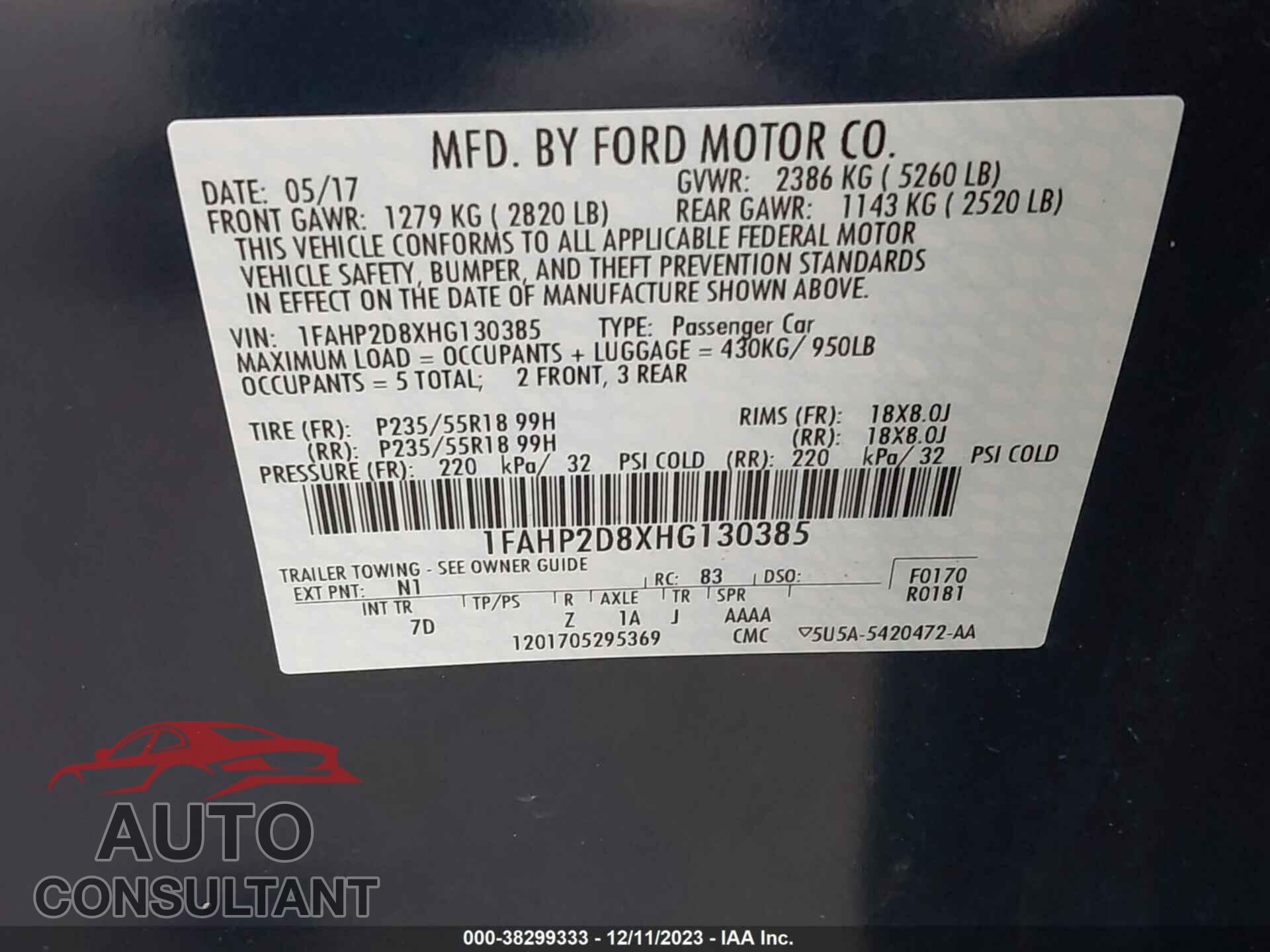 FORD TAURUS 2017 - 1FAHP2D8XHG130385