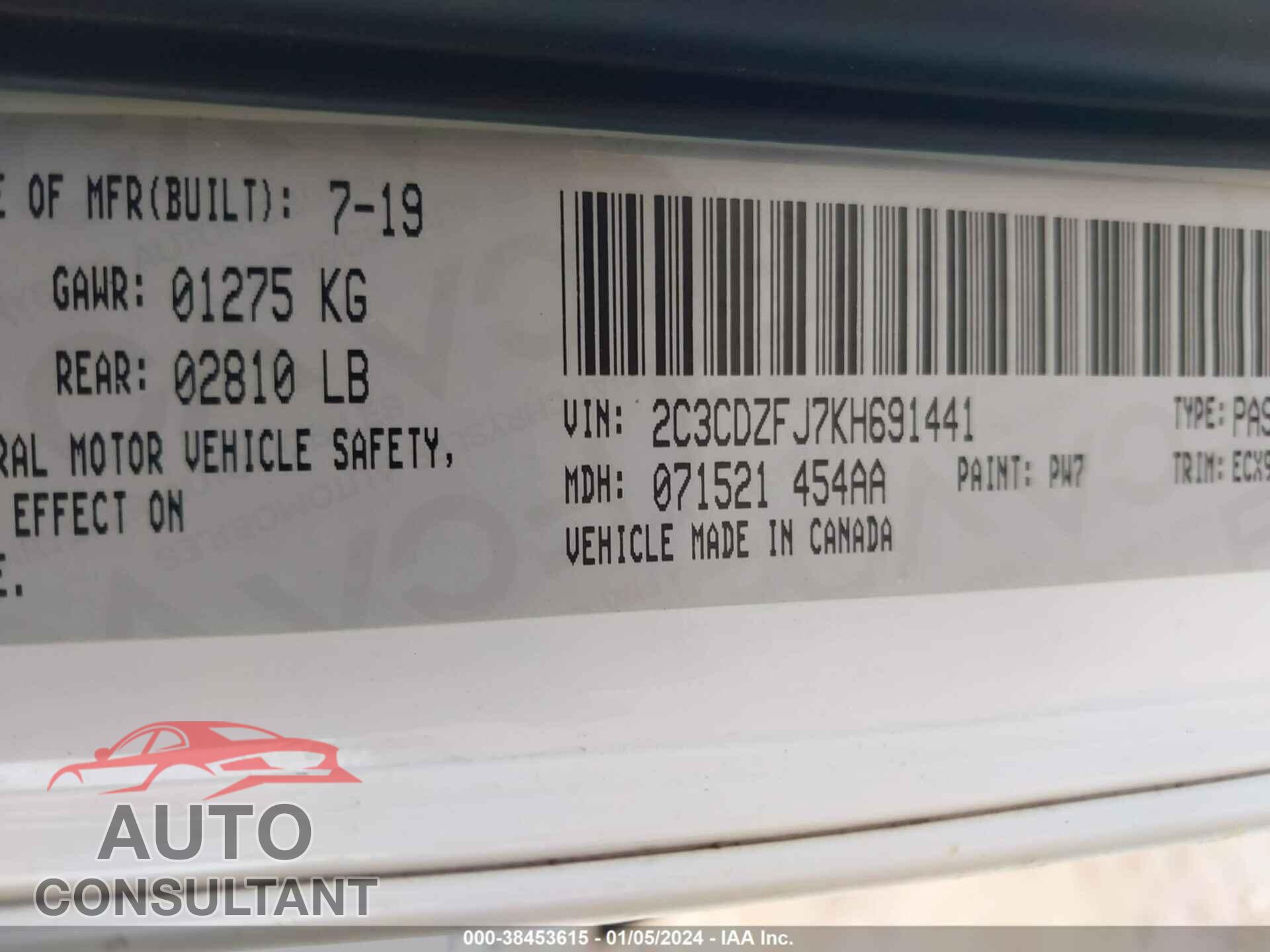 DODGE CHALLENGER 2019 - 2C3CDZFJ7KH691441