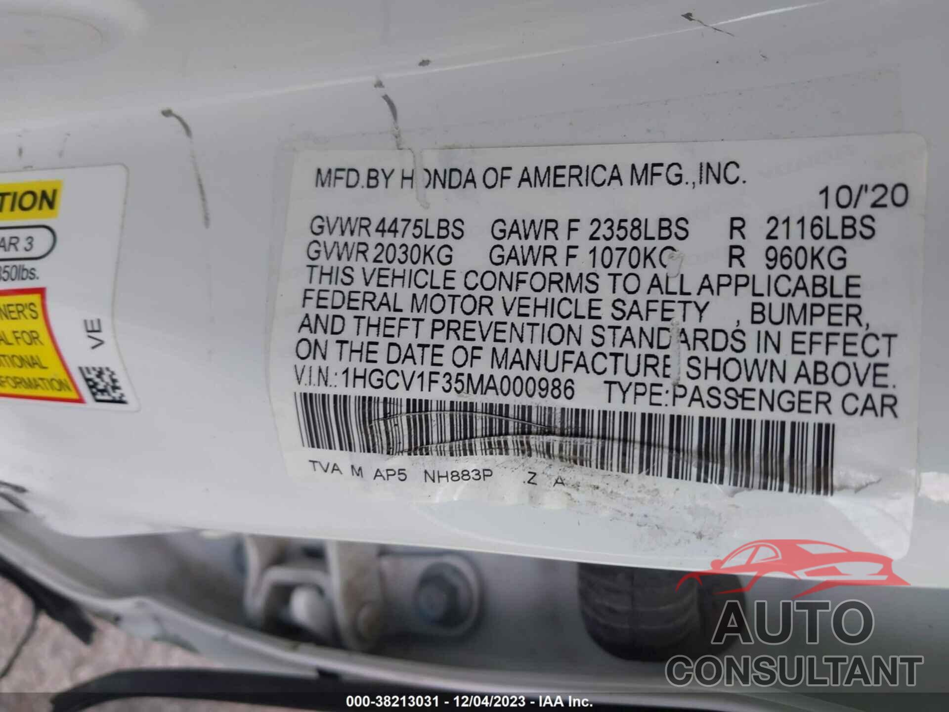 HONDA ACCORD SEDAN 2021 - 1HGCV1F35MA000986