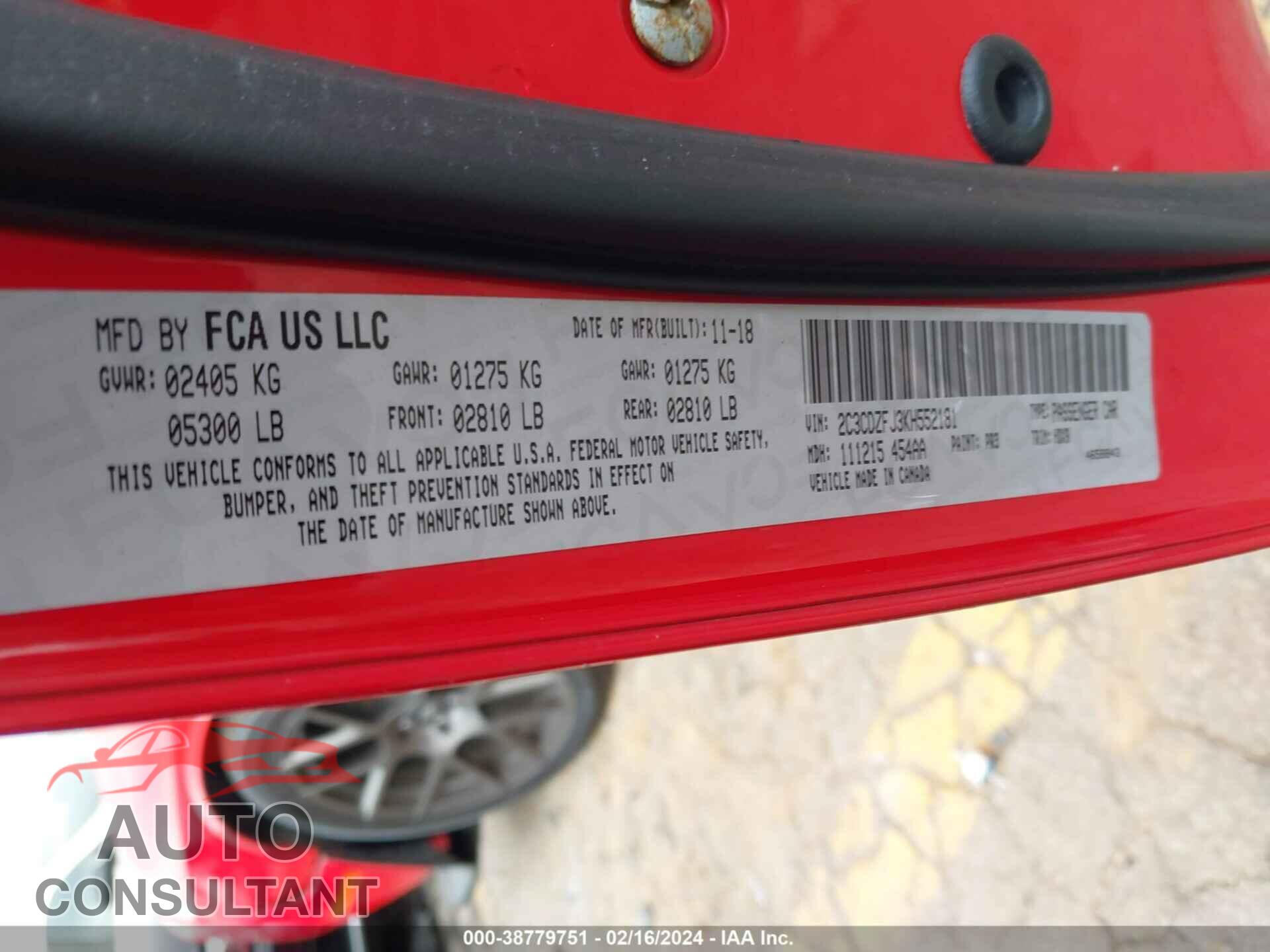 DODGE CHALLENGER 2019 - 2C3CDZFJ3KH552181