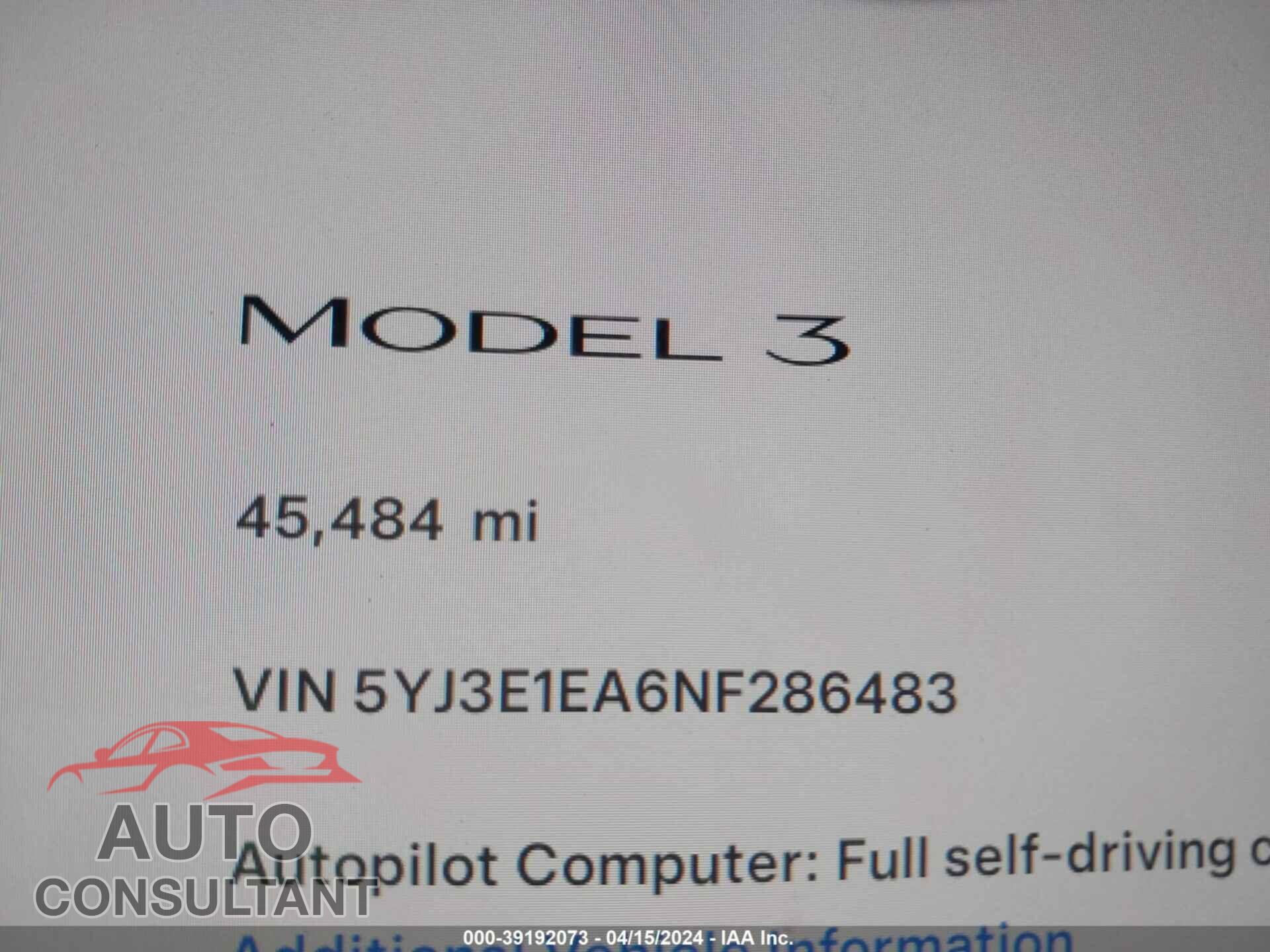 TESLA MODEL 3 2022 - 5YJ3E1EA6NF286483