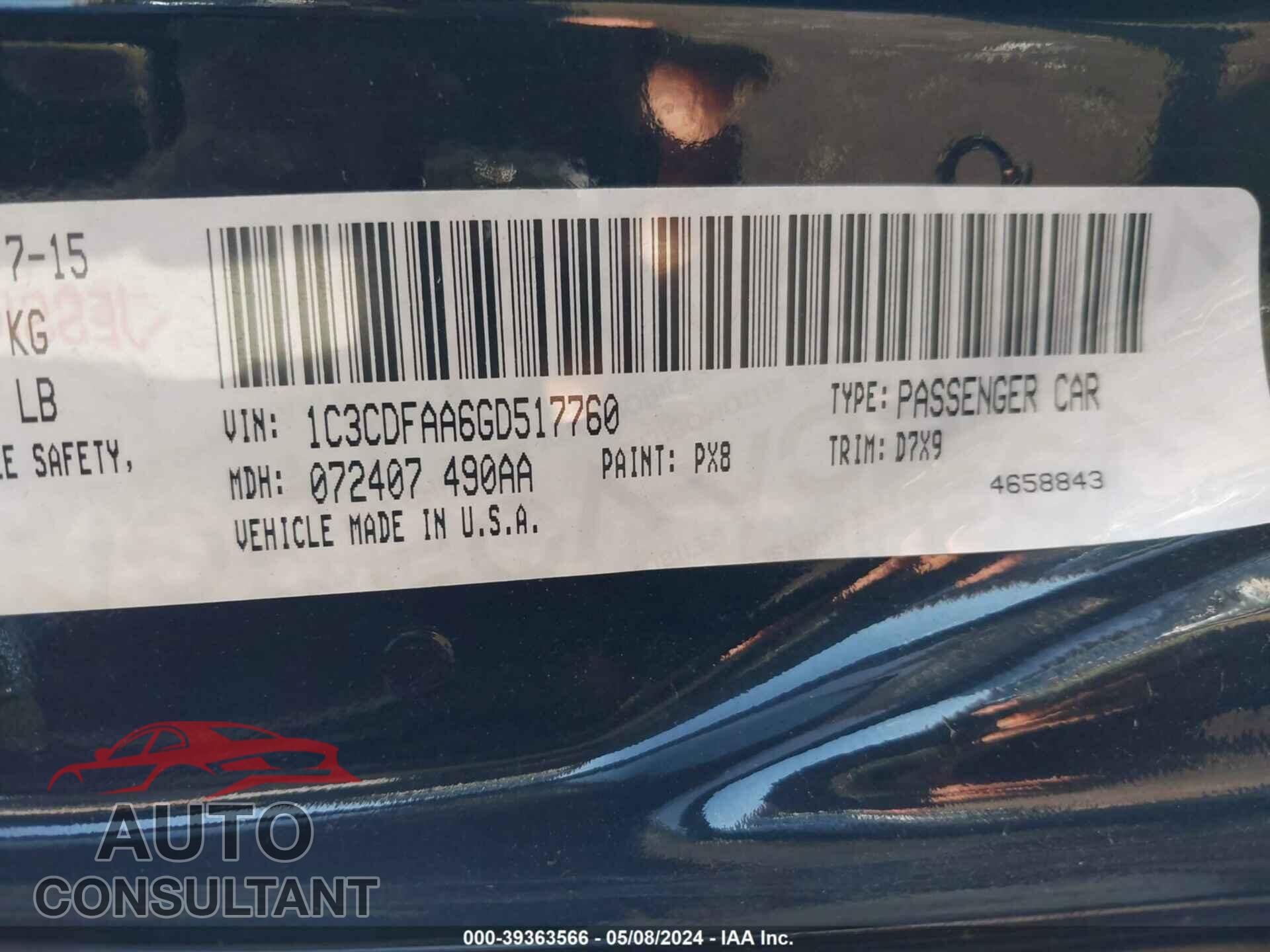 DODGE DART 2016 - 1C3CDFAA6GD517760