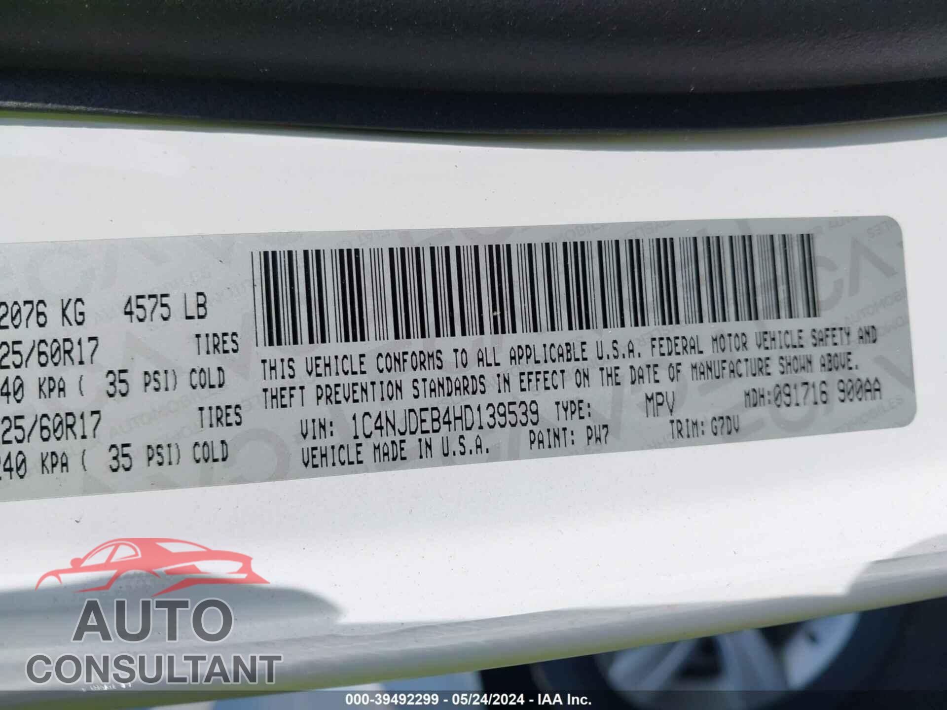 JEEP COMPASS 2017 - 01C4NDEB4HD139539
