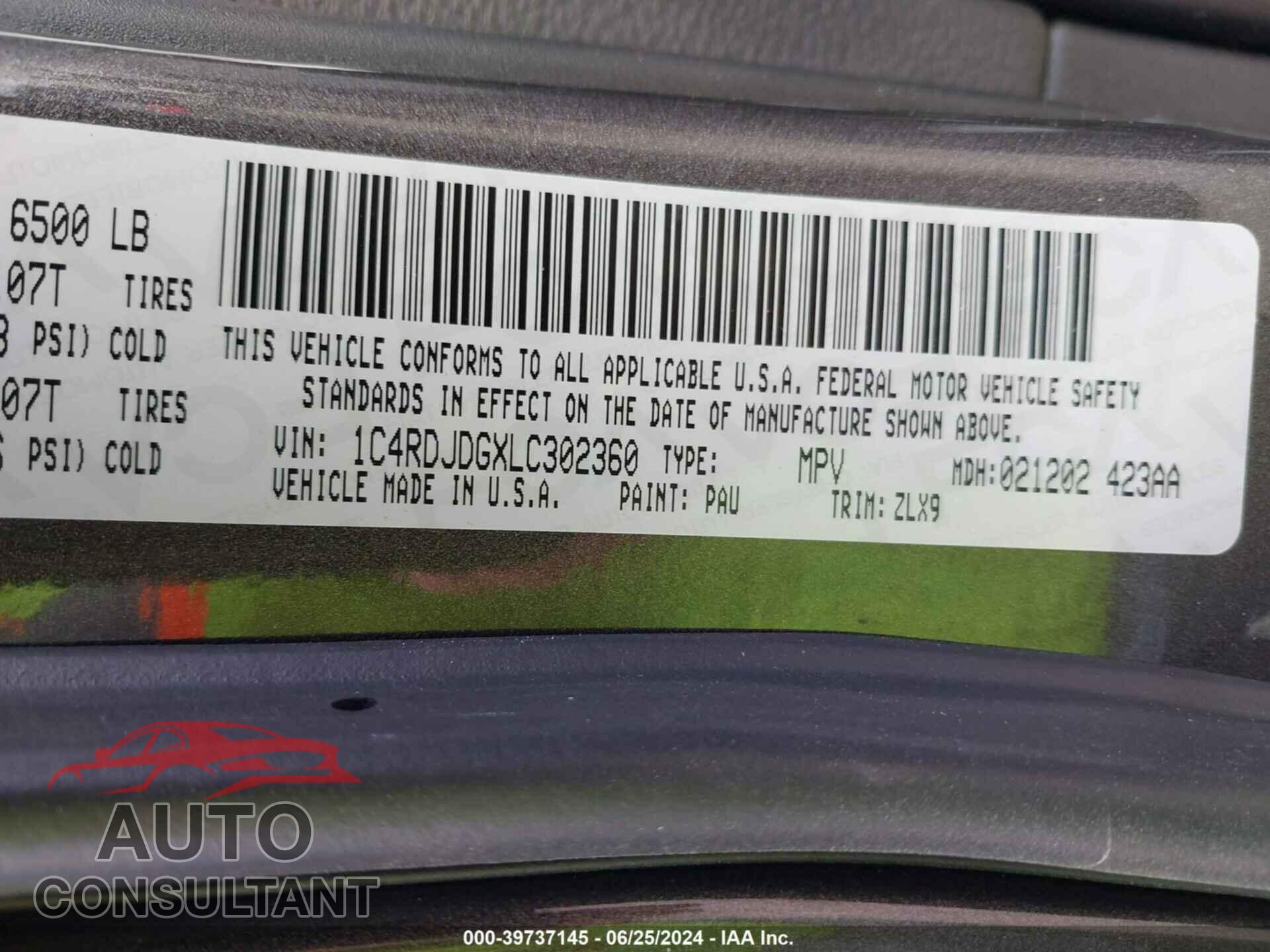 DODGE DURANGO 2020 - 1C4RDJDGXLC302360
