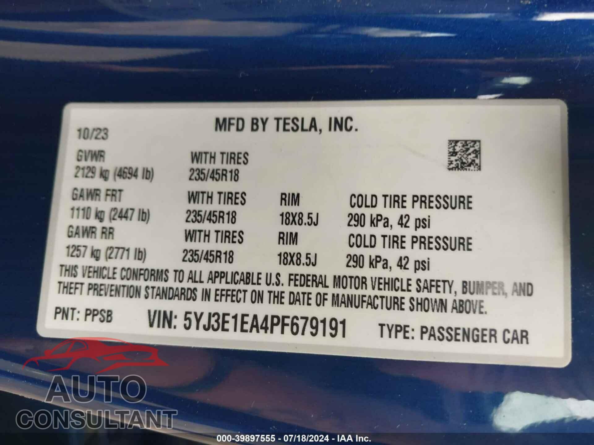 TESLA MODEL 3 2023 - 5YJ3E1EA4PF679191