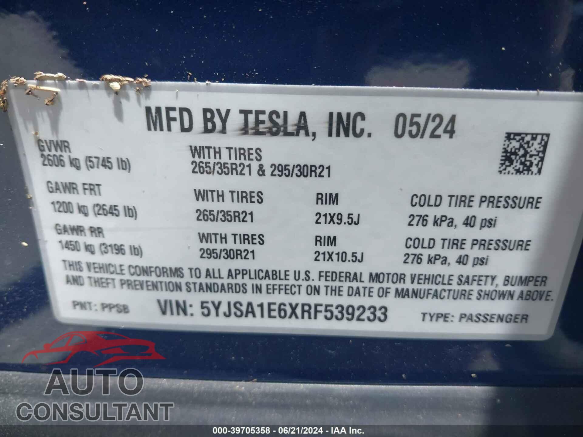 TESLA MODEL S 2024 - 5YJSA1E6XRF539233
