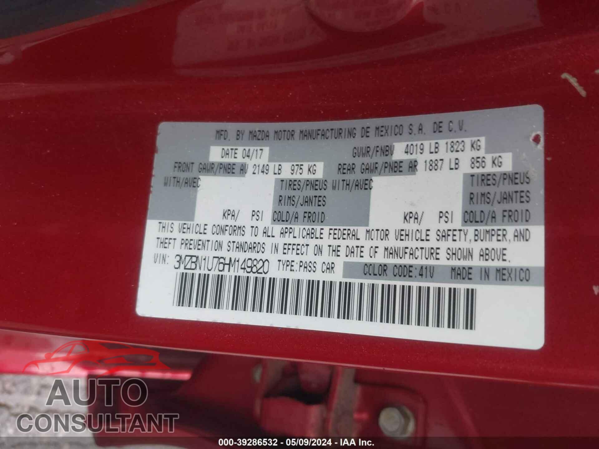 MAZDA MAZDA3 2017 - 3MZBN1U76HM149820