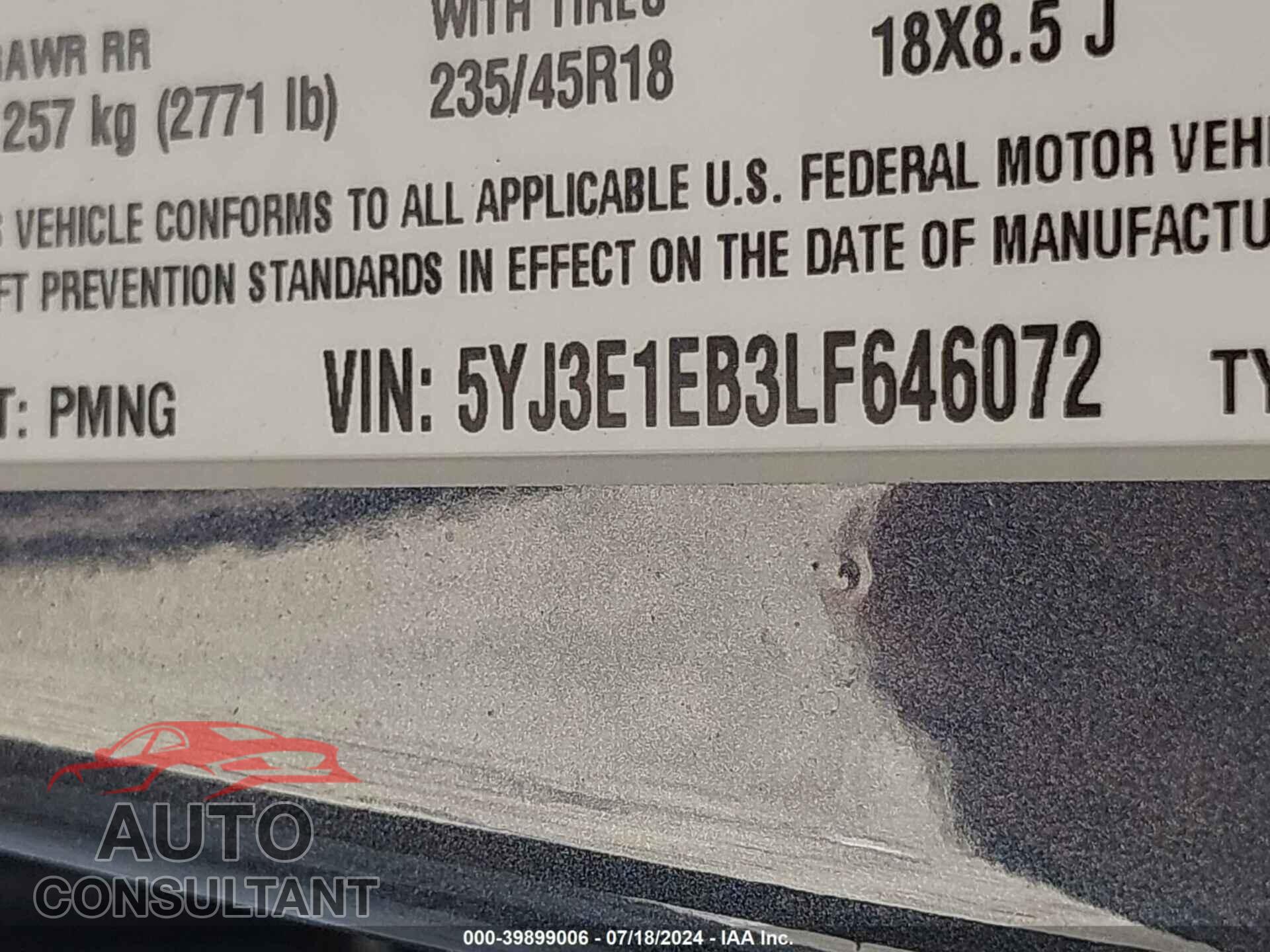 TESLA MODEL 3 2020 - 5YJ3E1EB3LF646072