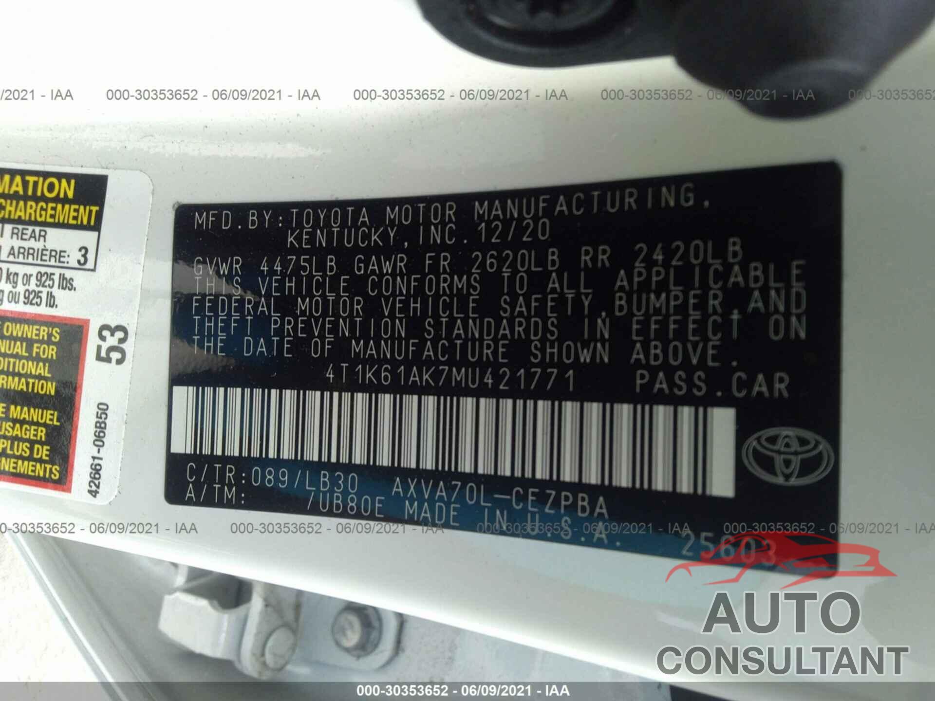 TOYOTA CAMRY 2021 - 4T1K61AK7MU421771