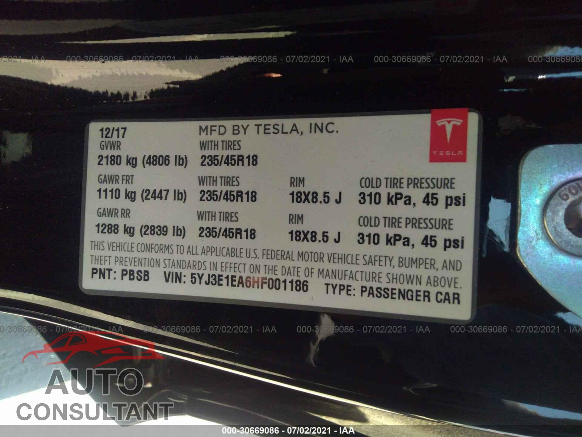 TESLA MODEL 3 2017 - 5YJ3E1EA6HF001186