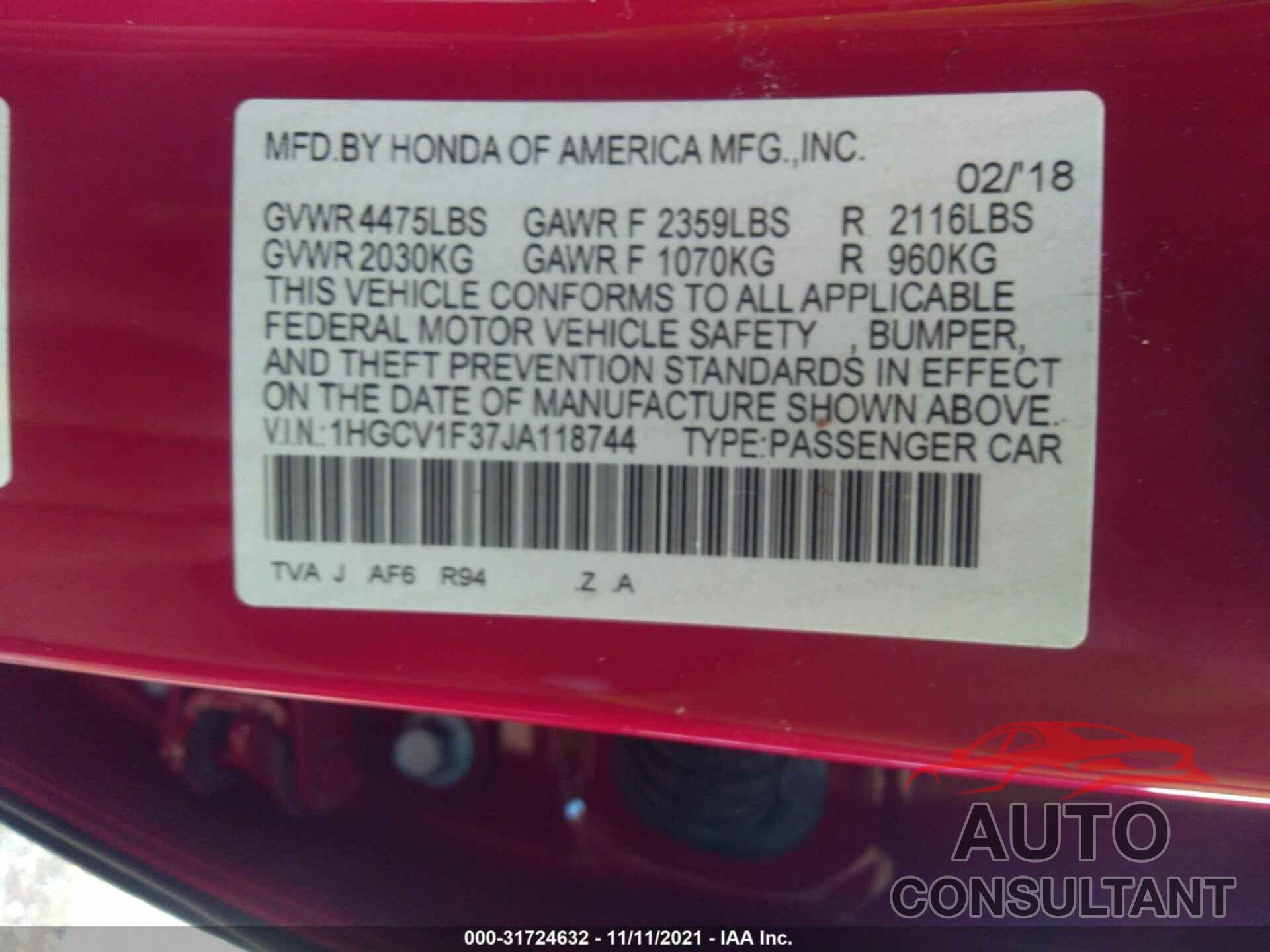HONDA ACCORD SEDAN 2018 - 1HGCV1F37JA118744