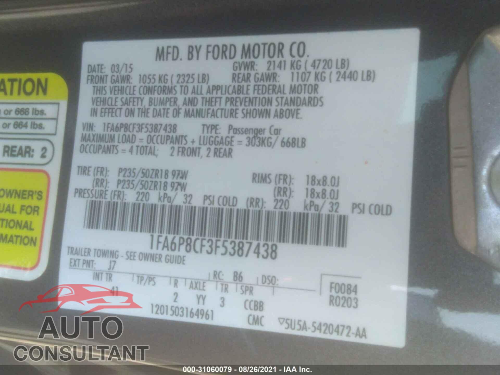 FORD MUSTANG 2015 - 1FA6P8CF3F5387438