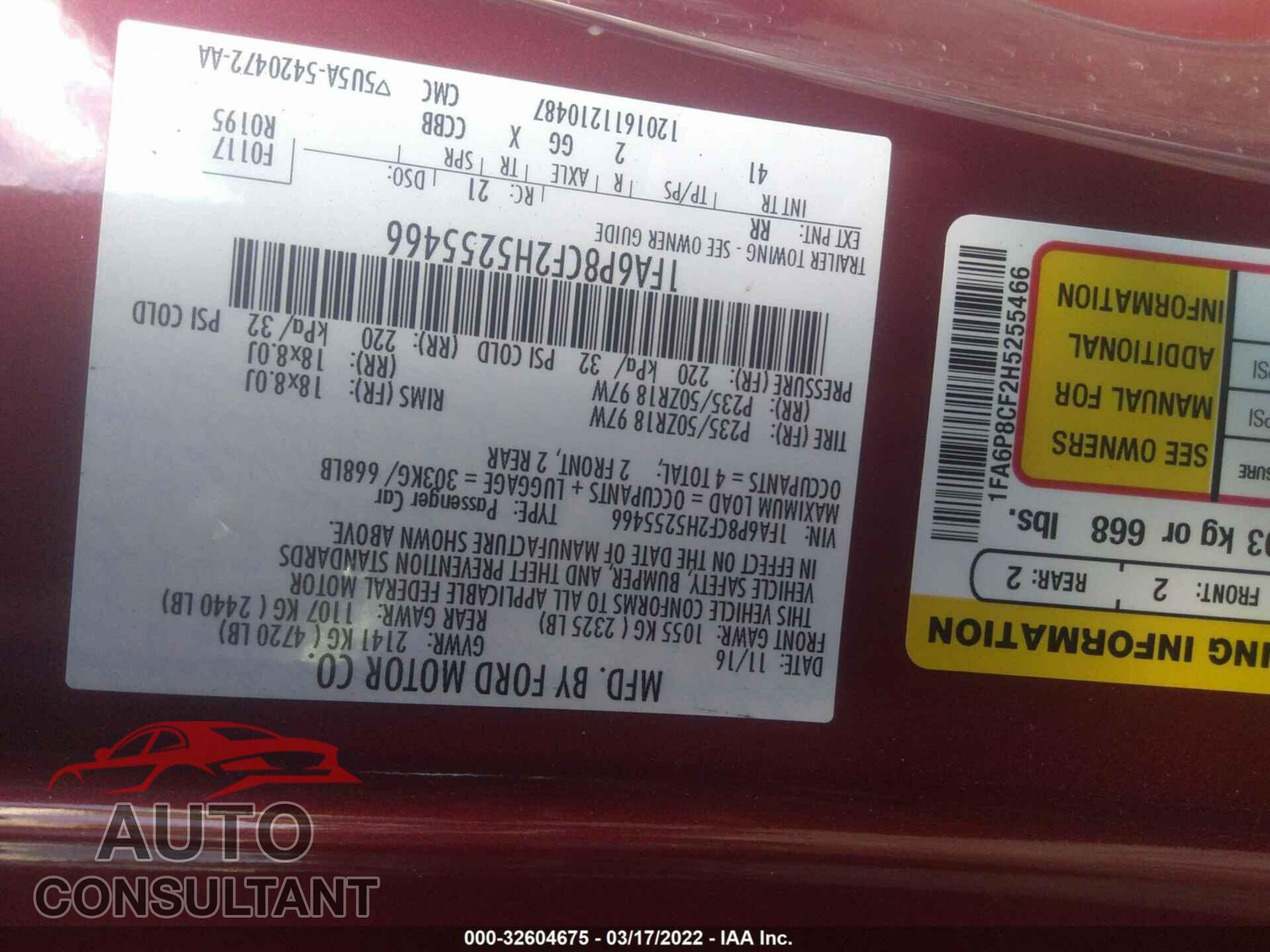 FORD MUSTANG 2017 - 1FA6P8CF2H5255466
