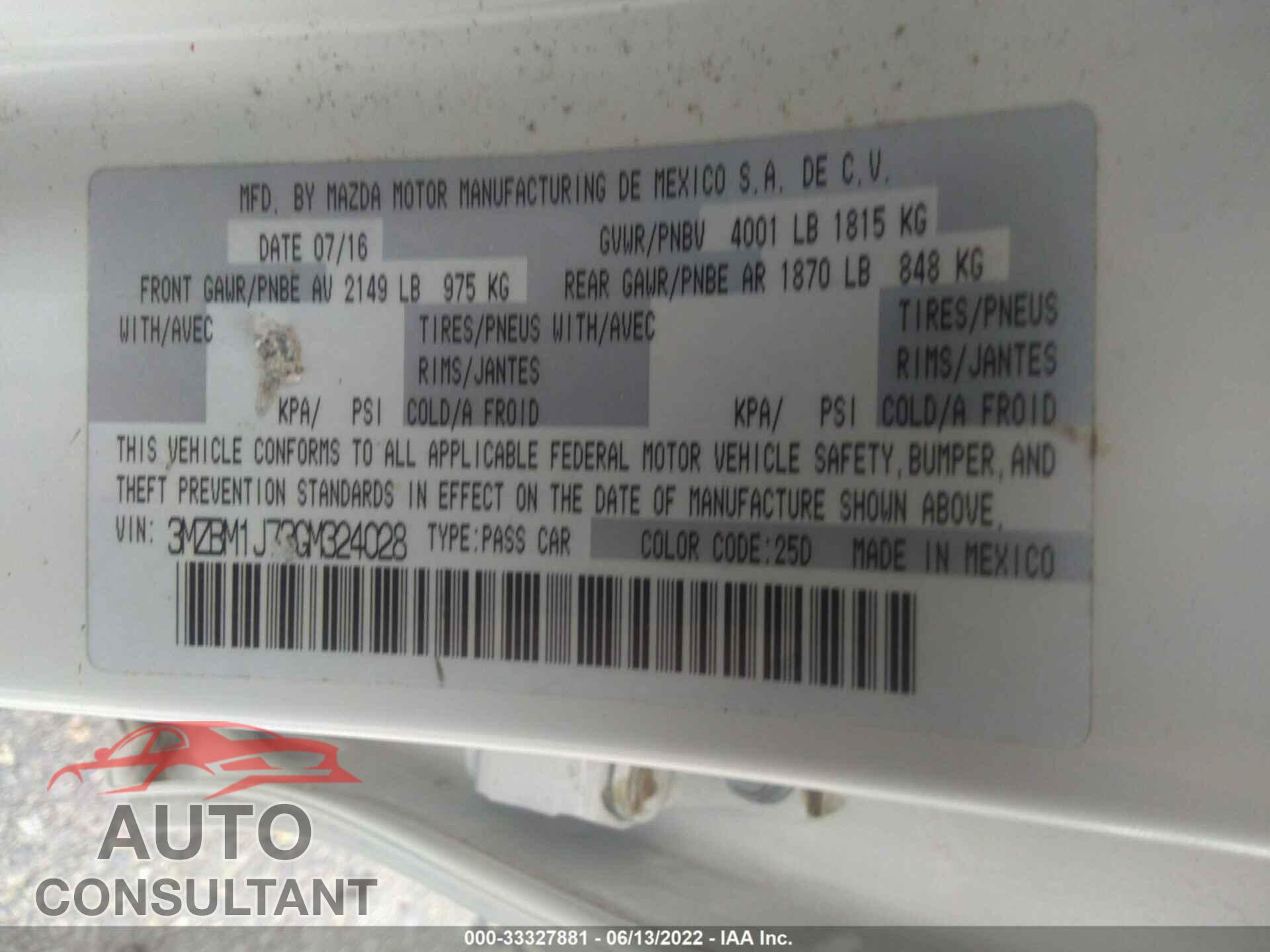 MAZDA MAZDA3 2016 - 3MZBM1J73GM324028