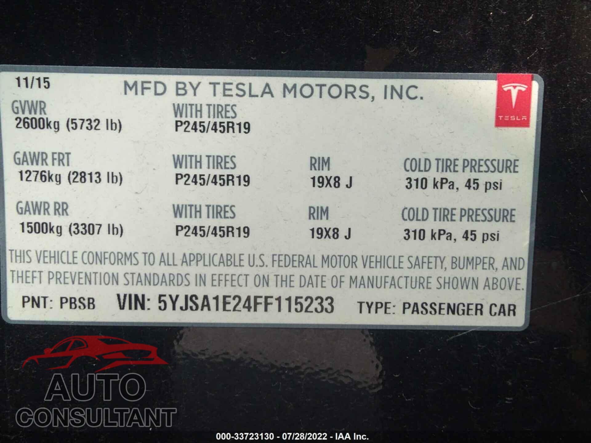 TESLA MODEL S 2015 - 5YJSA1E24FF115233