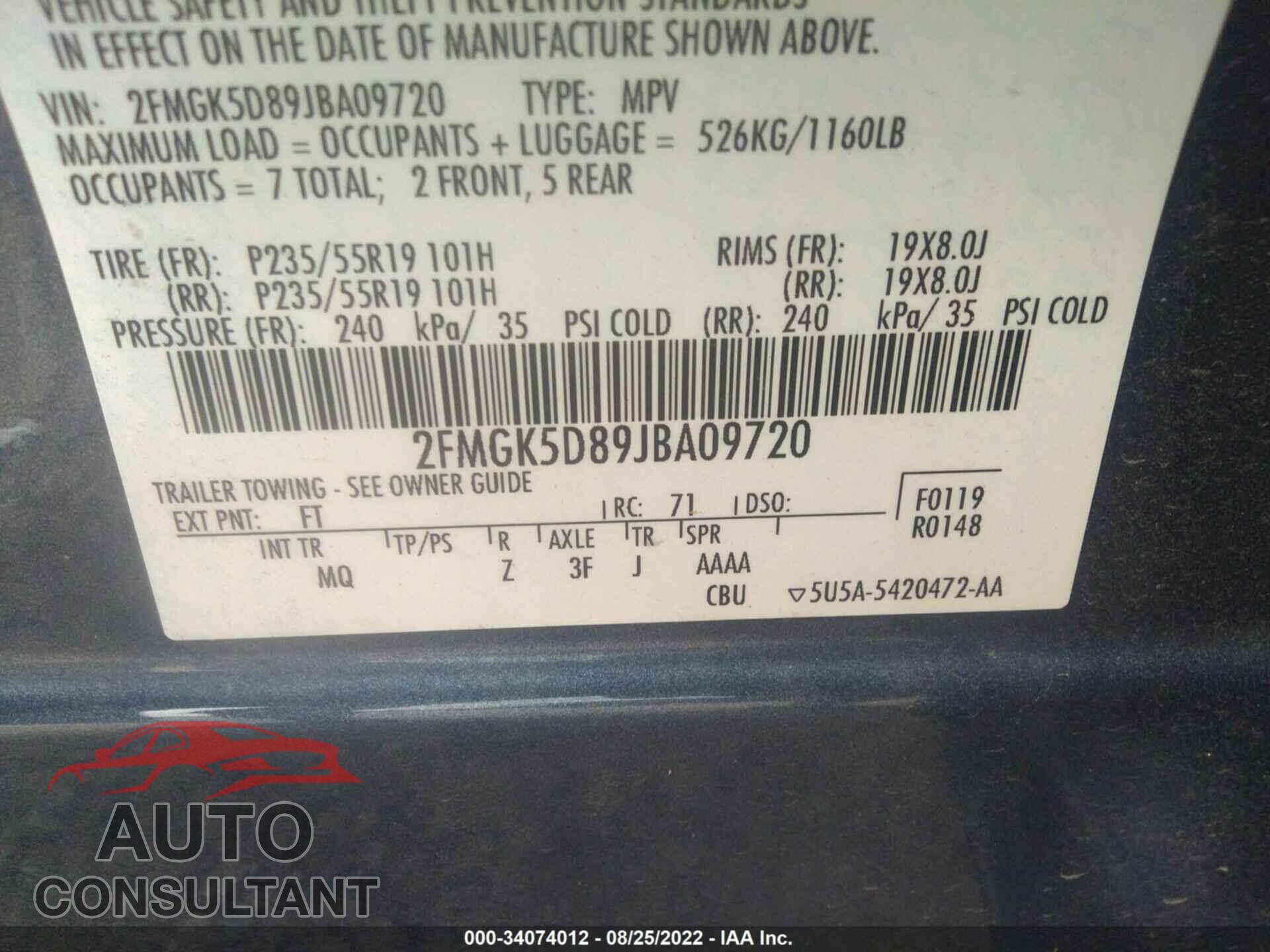 FORD FLEX 2018 - 2FMGK5D89JBA09720