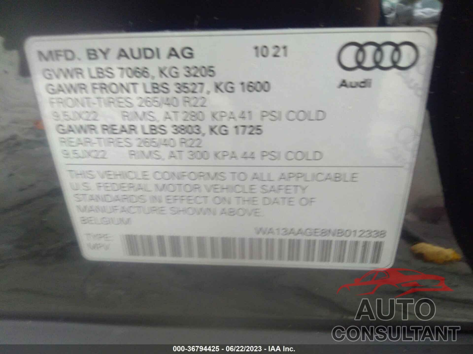 AUDI E-TRON SPORTBACK 2022 - WA13AAGE8NB012338