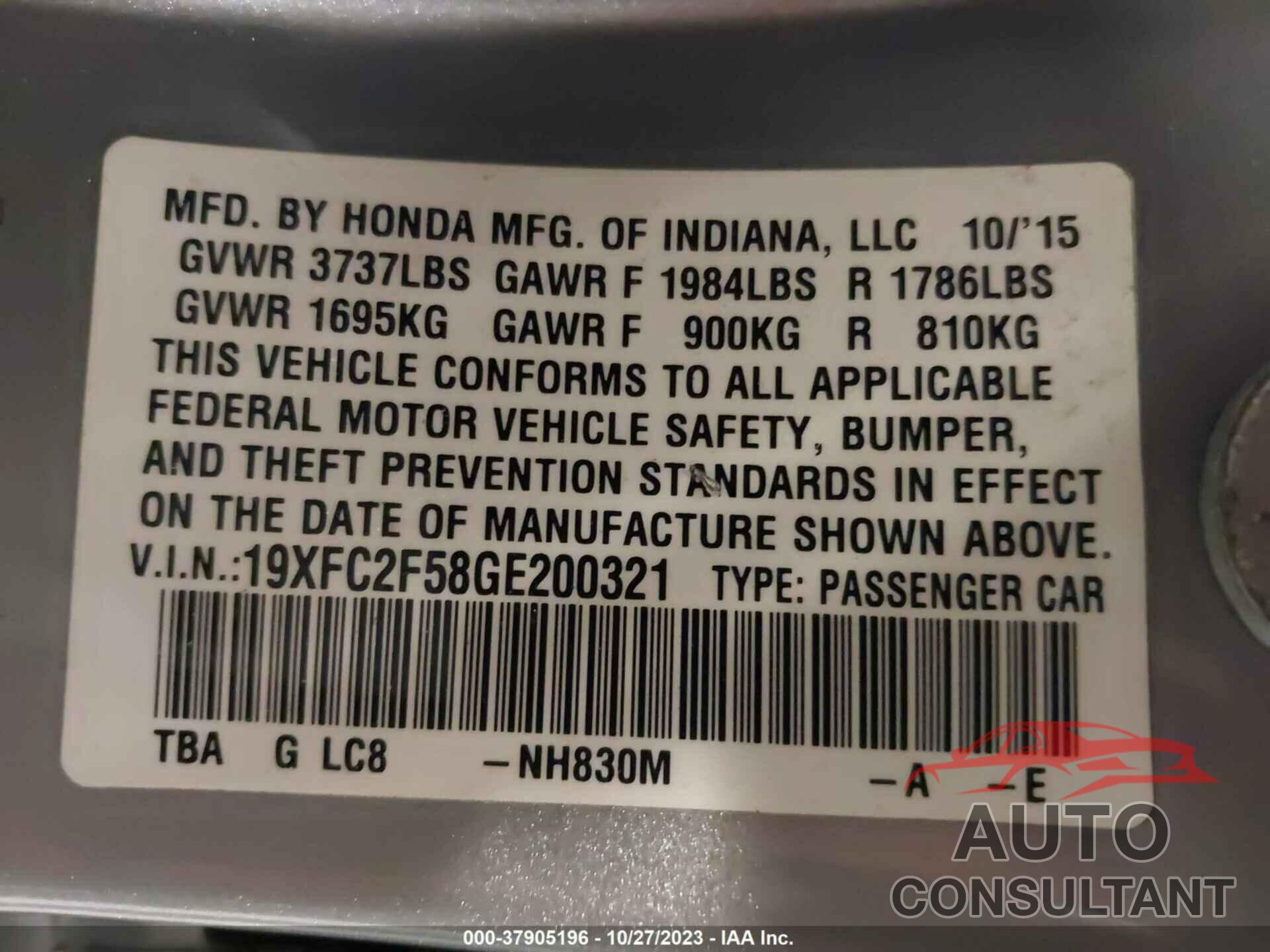 HONDA CIVIC SEDAN 2016 - 19XFC2F58GE200321