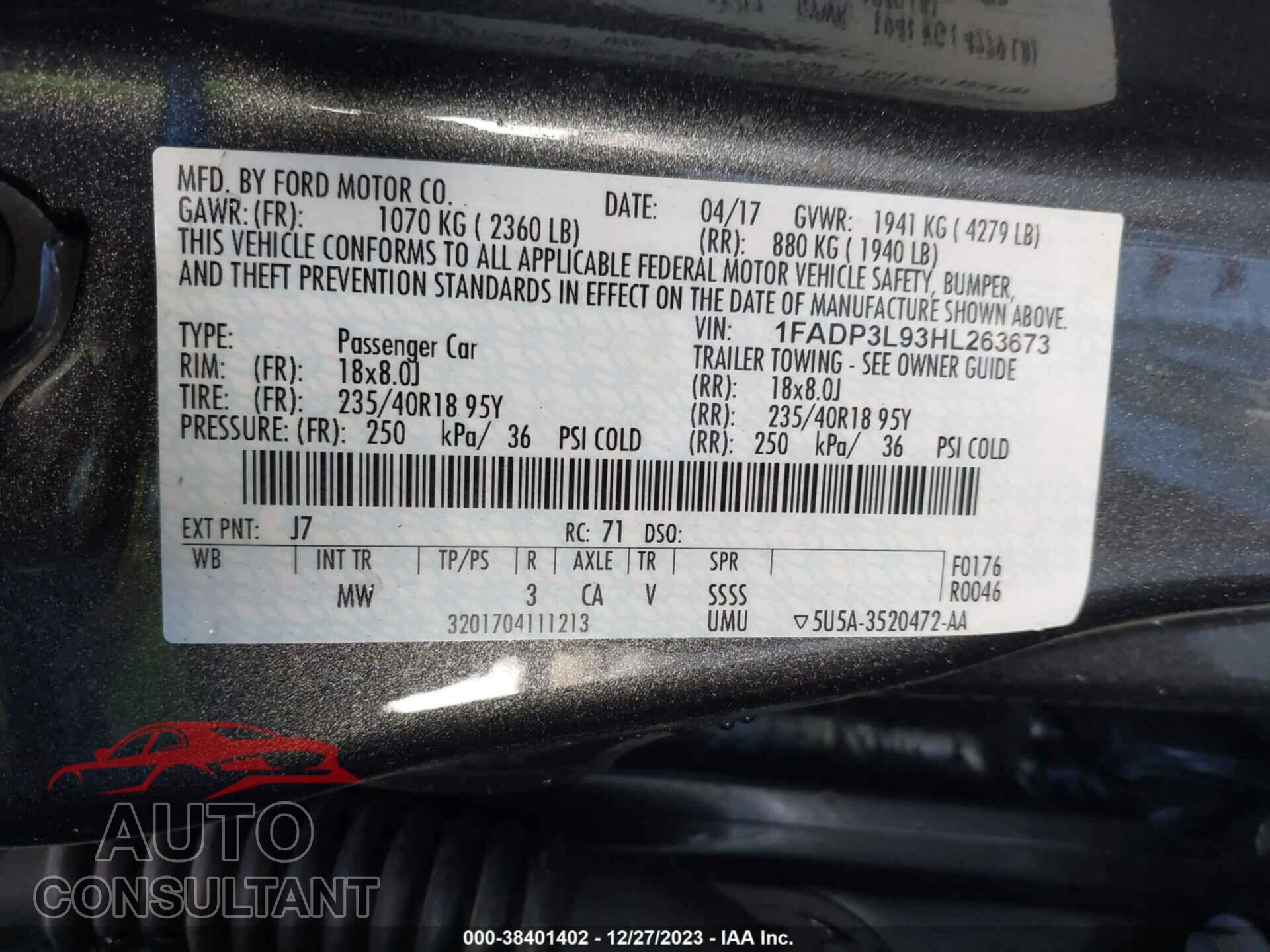 FORD FOCUS ST 2017 - 1FADP3L93HL263673