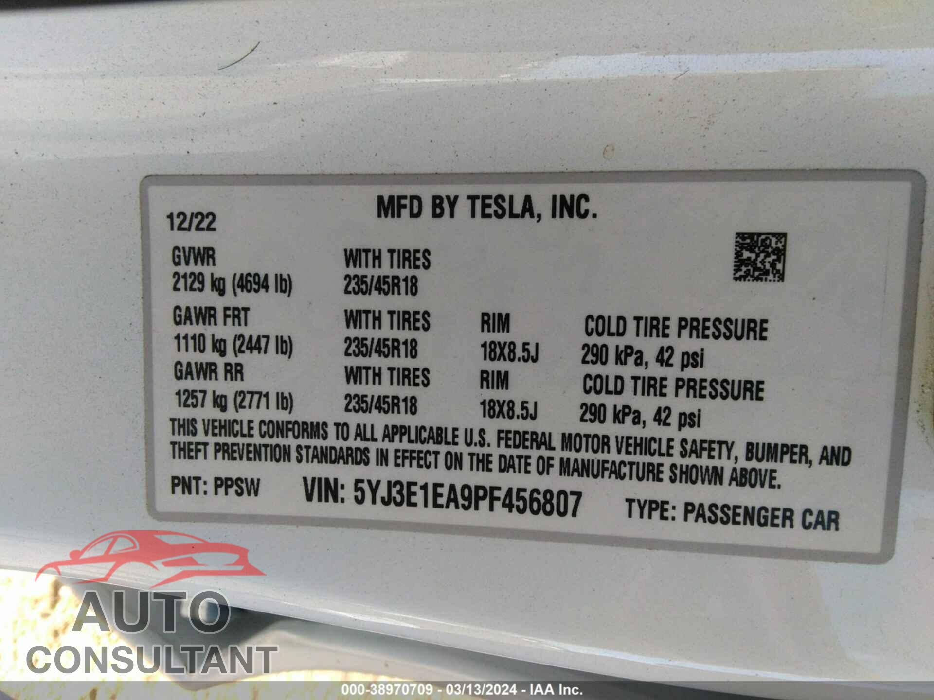 TESLA MODEL 3 2023 - 5YJ3E1EA9PF456807