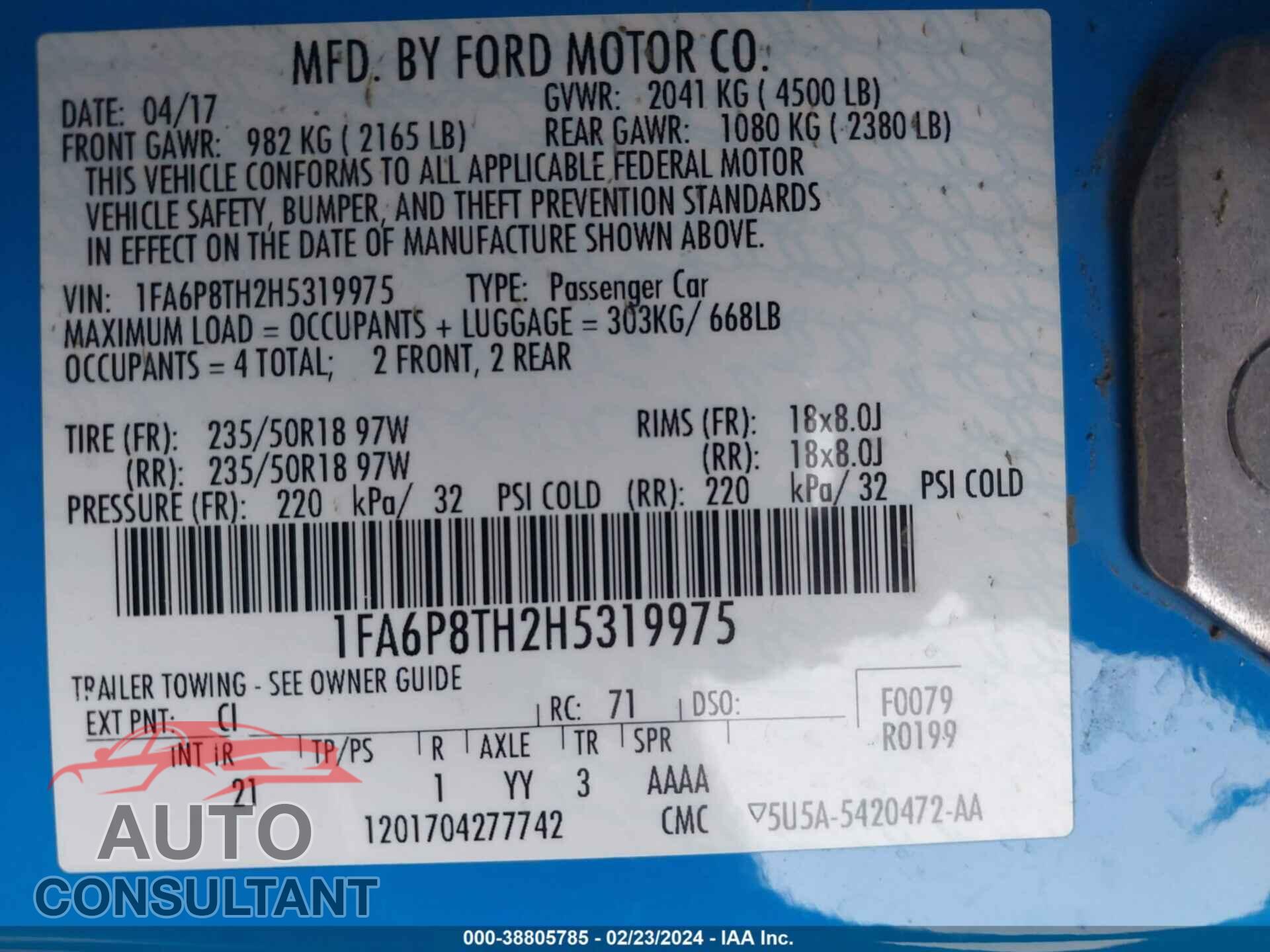 FORD MUSTANG 2017 - 1FA6P8TH2H5319975