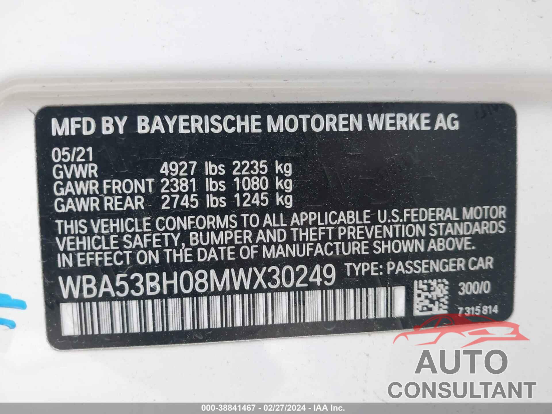 BMW 530I 2021 - WBA53BH08MWX30249