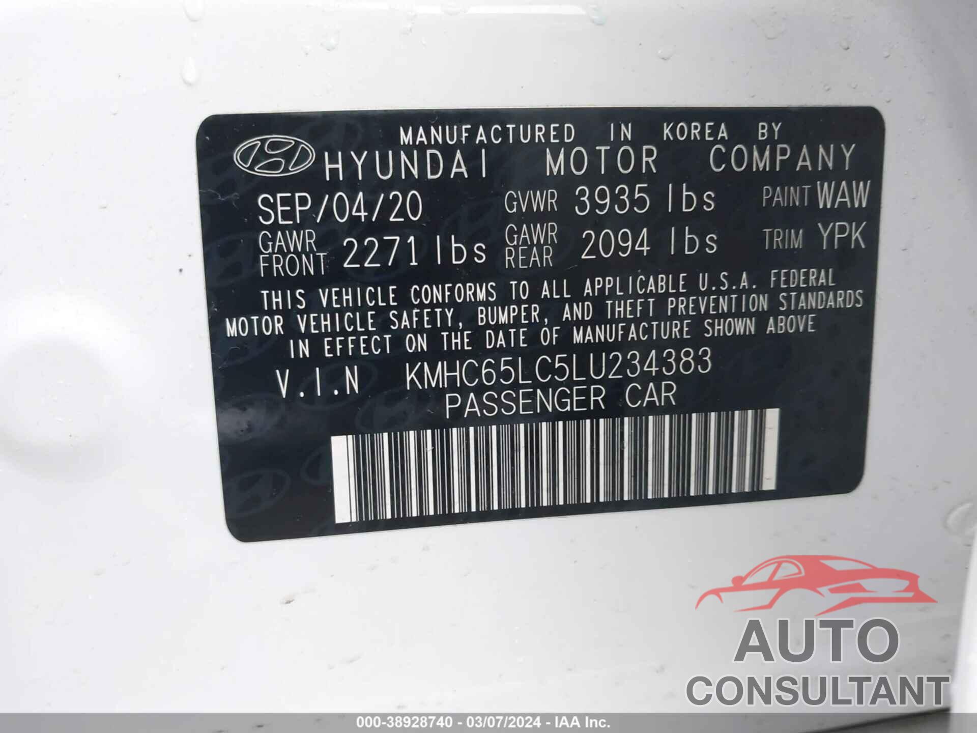 HYUNDAI IONIQ 2020 - KMHC65LC5LU234383