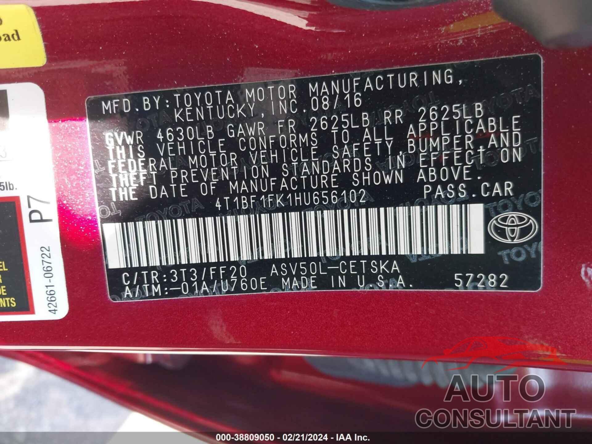 TOYOTA CAMRY 2017 - 4T1BF1FK1HU656102