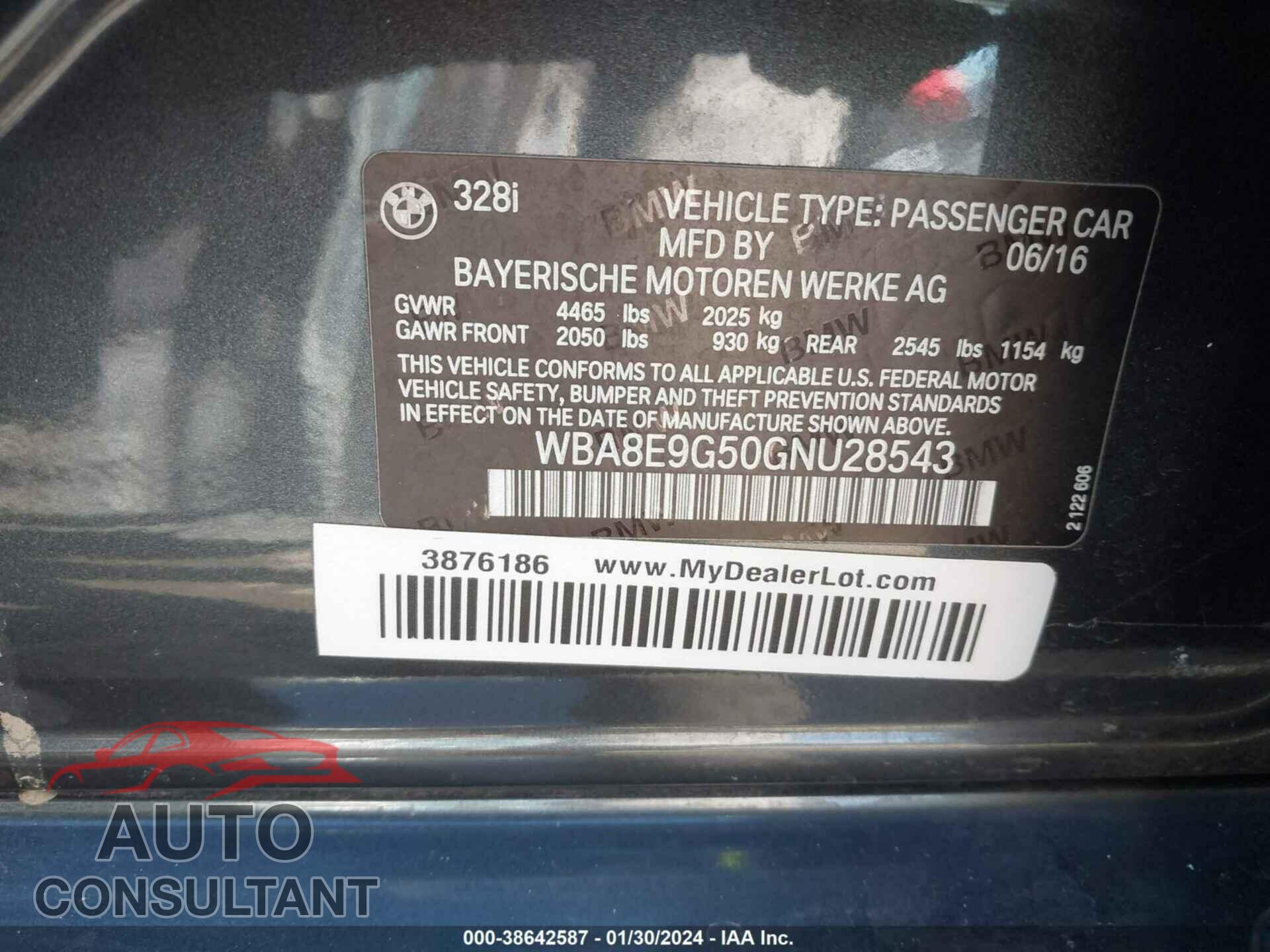 BMW 328I 2016 - WBA8E9G50GNU28543