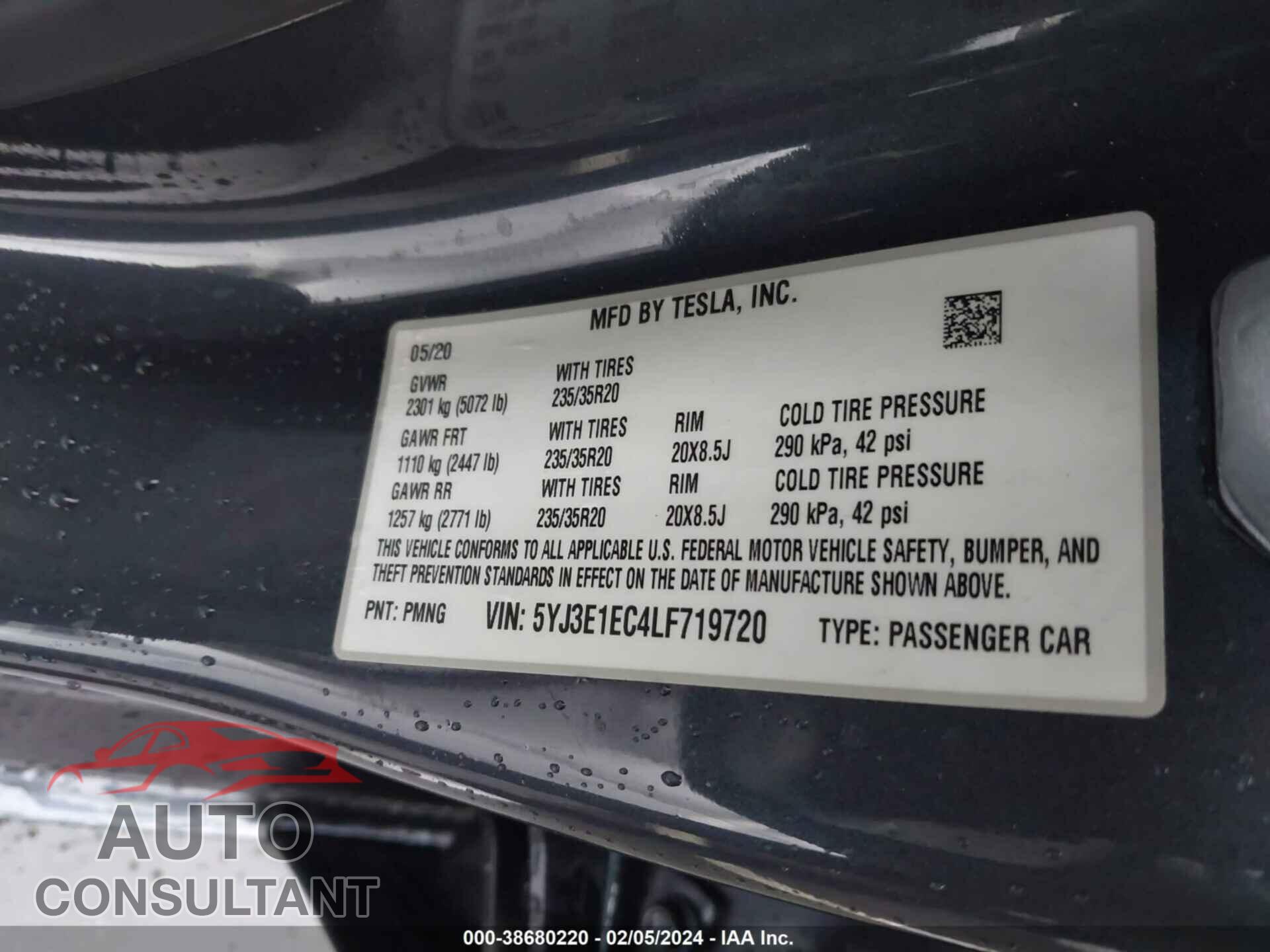 TESLA MODEL 3 2020 - 5YJ3E1EC4LF719720