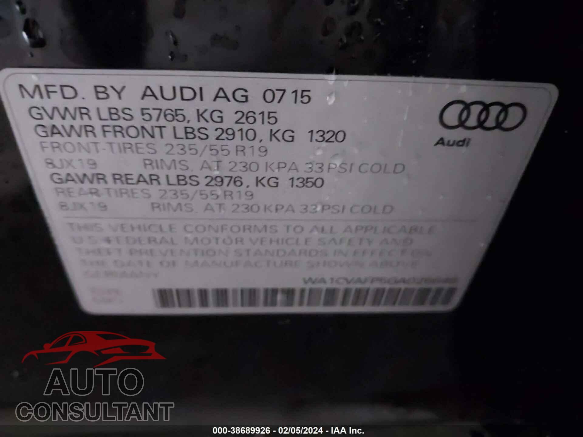 AUDI Q5 2016 - WA1CVAFP5GA026648