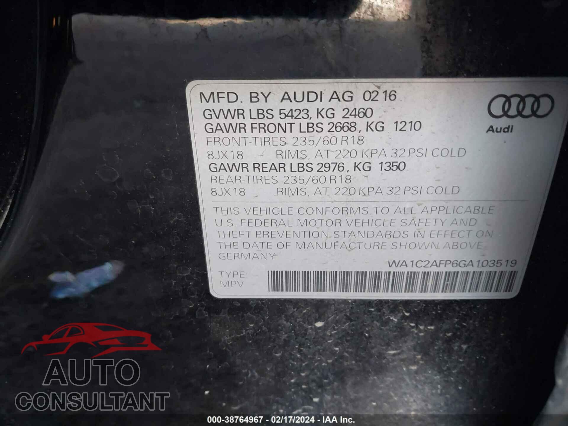 AUDI Q5 2016 - WA1C2AFP6GA103519
