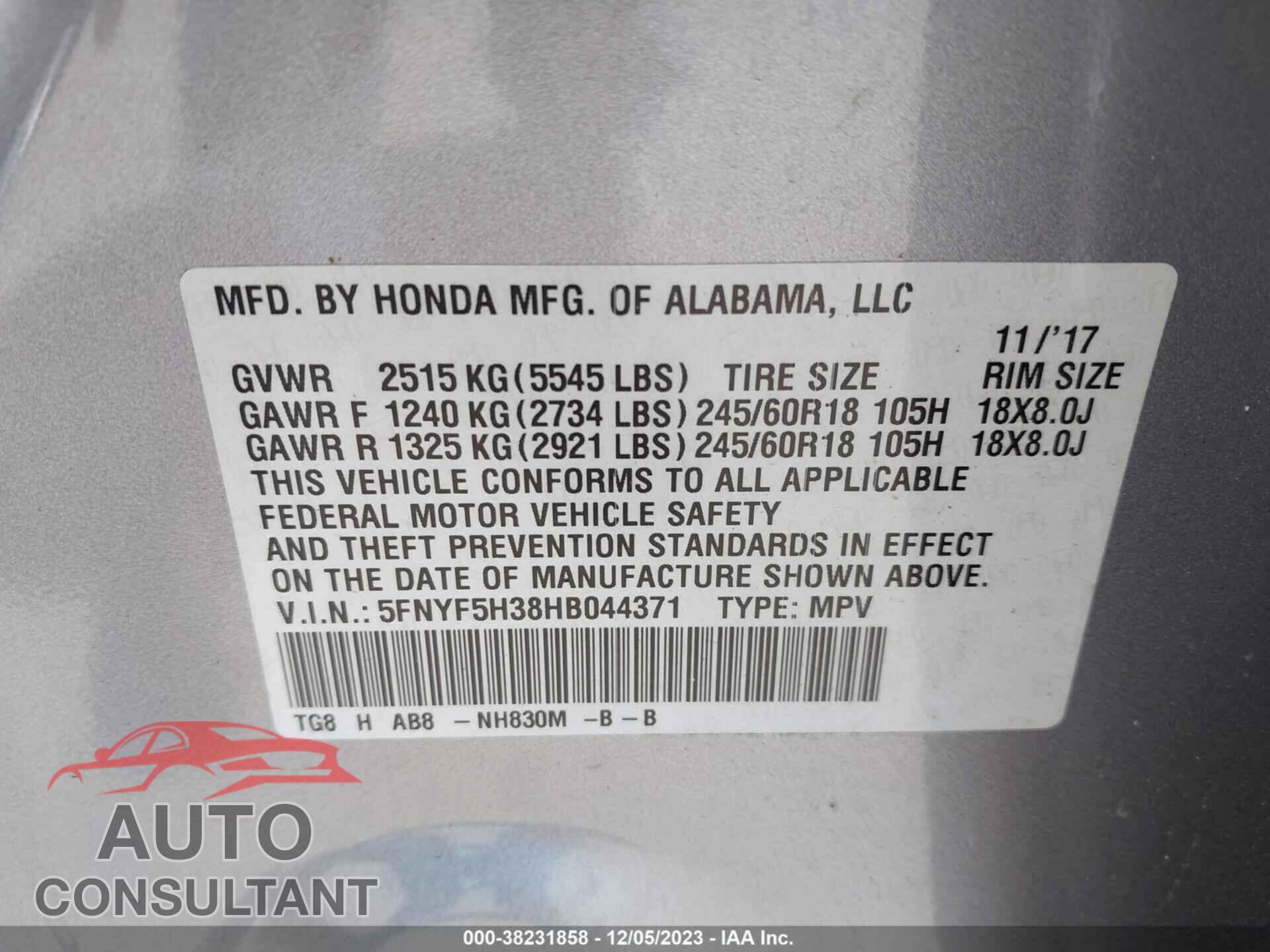 HONDA PILOT 2017 - 5FNYF5H38HB044371