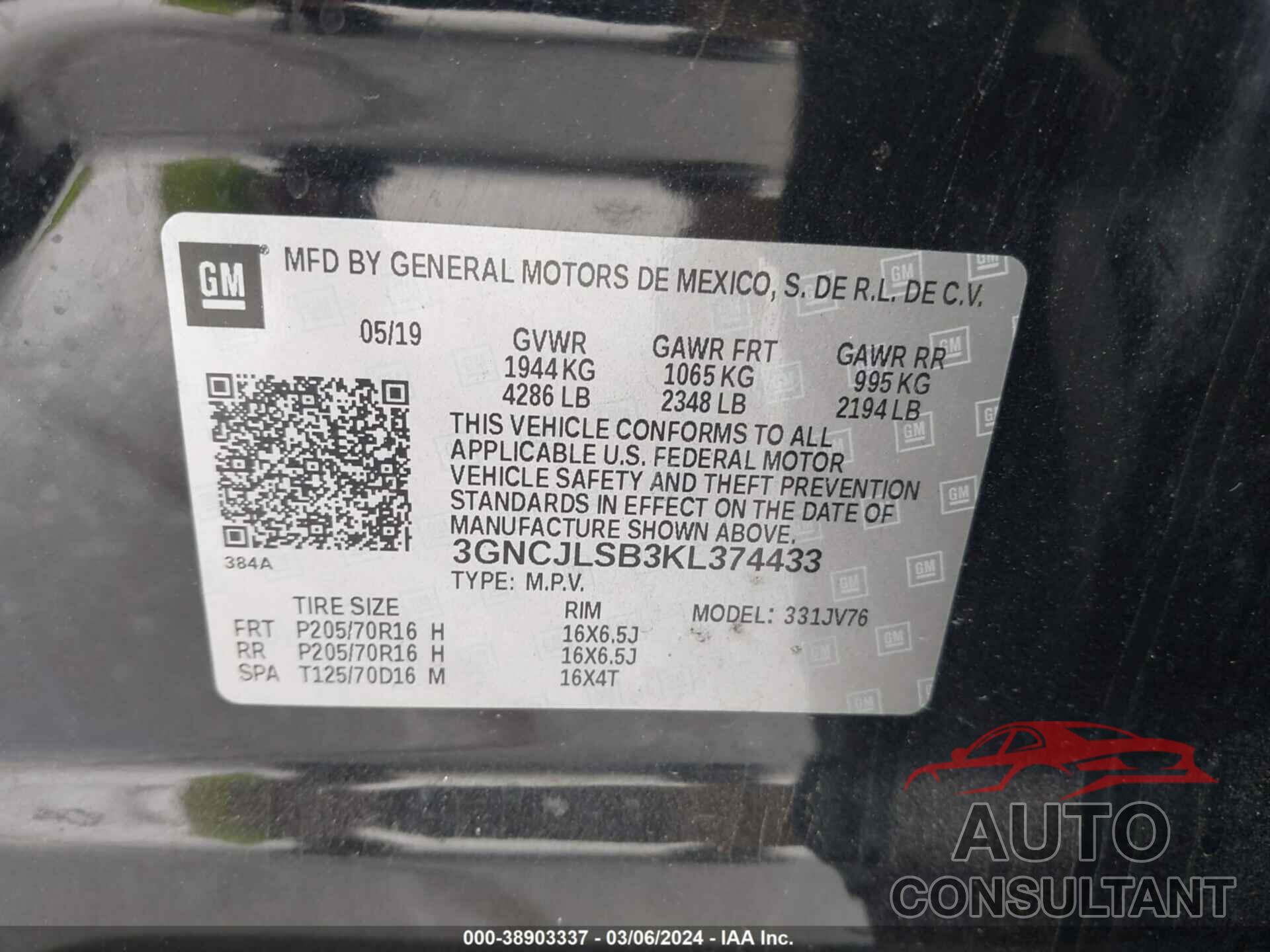 CHEVROLET TRAX 2019 - 3GNCJLSB3KL374433