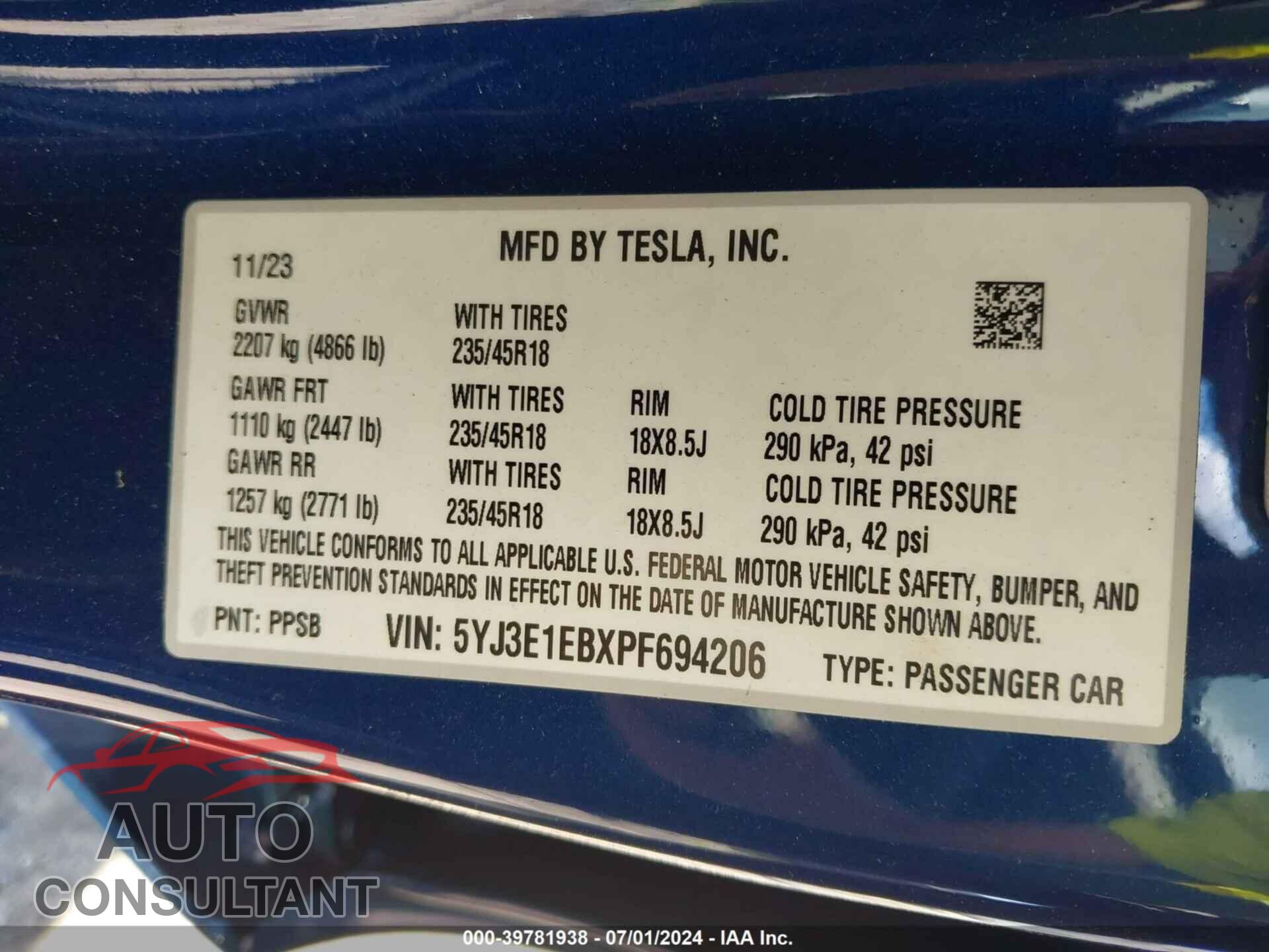 TESLA MODEL 3 2023 - 5YJ3E1EBXPF694206