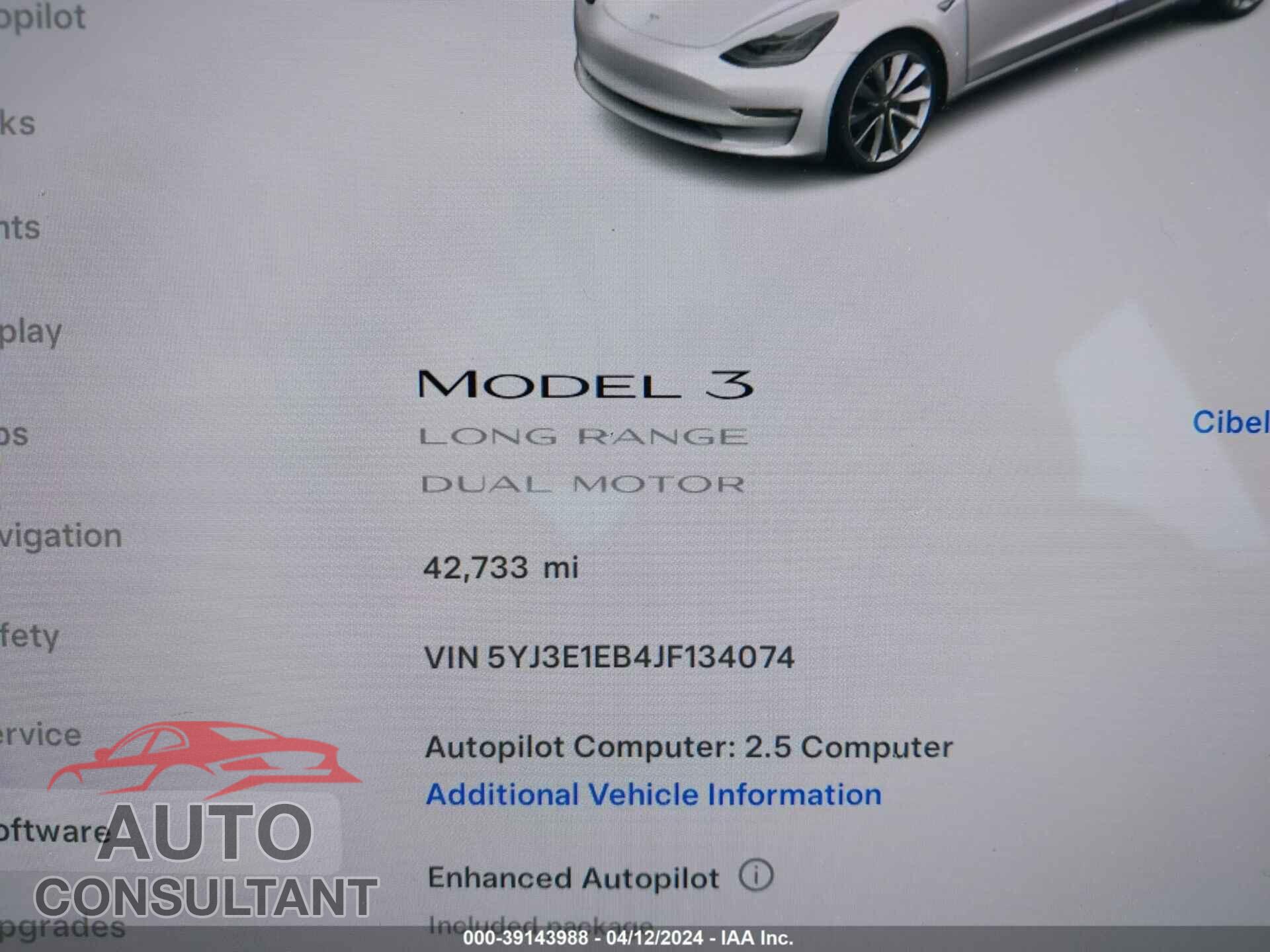 TESLA MODEL 3 2018 - 5YJ3E1EB4JF134074