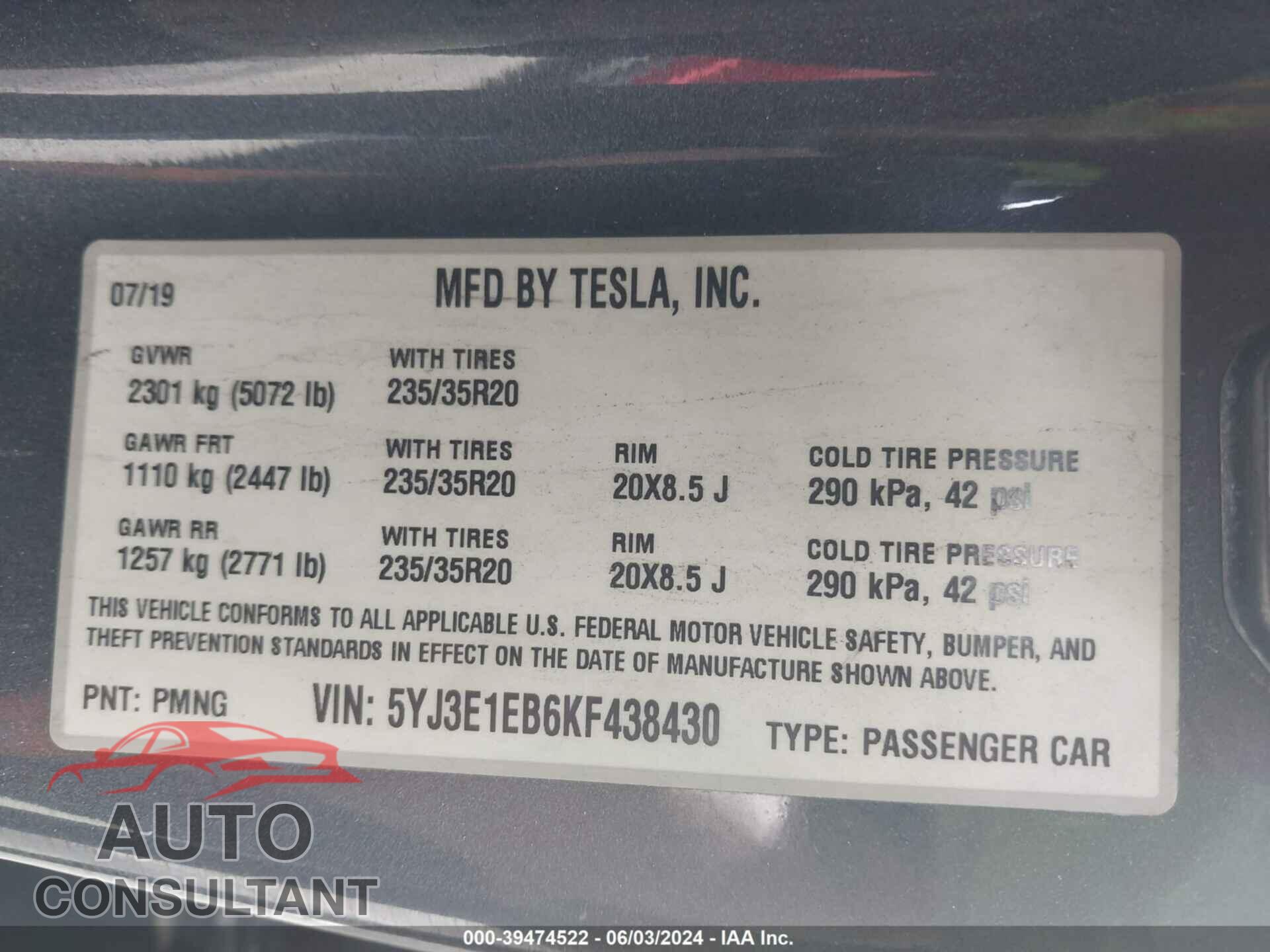 TESLA MODEL 3 2019 - 5YJ3E1EB6KF438430