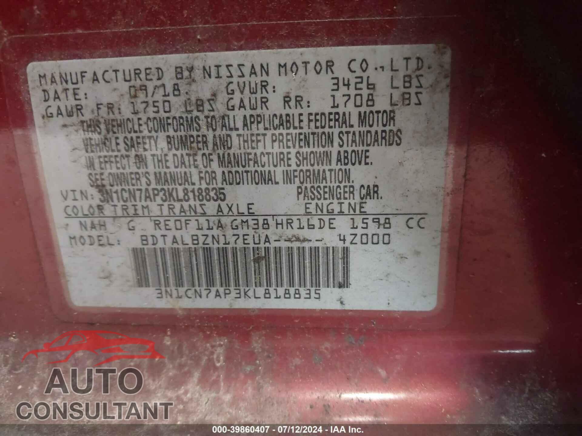 NISSAN VERSA 2019 - 3N1CN7AP3KL818835