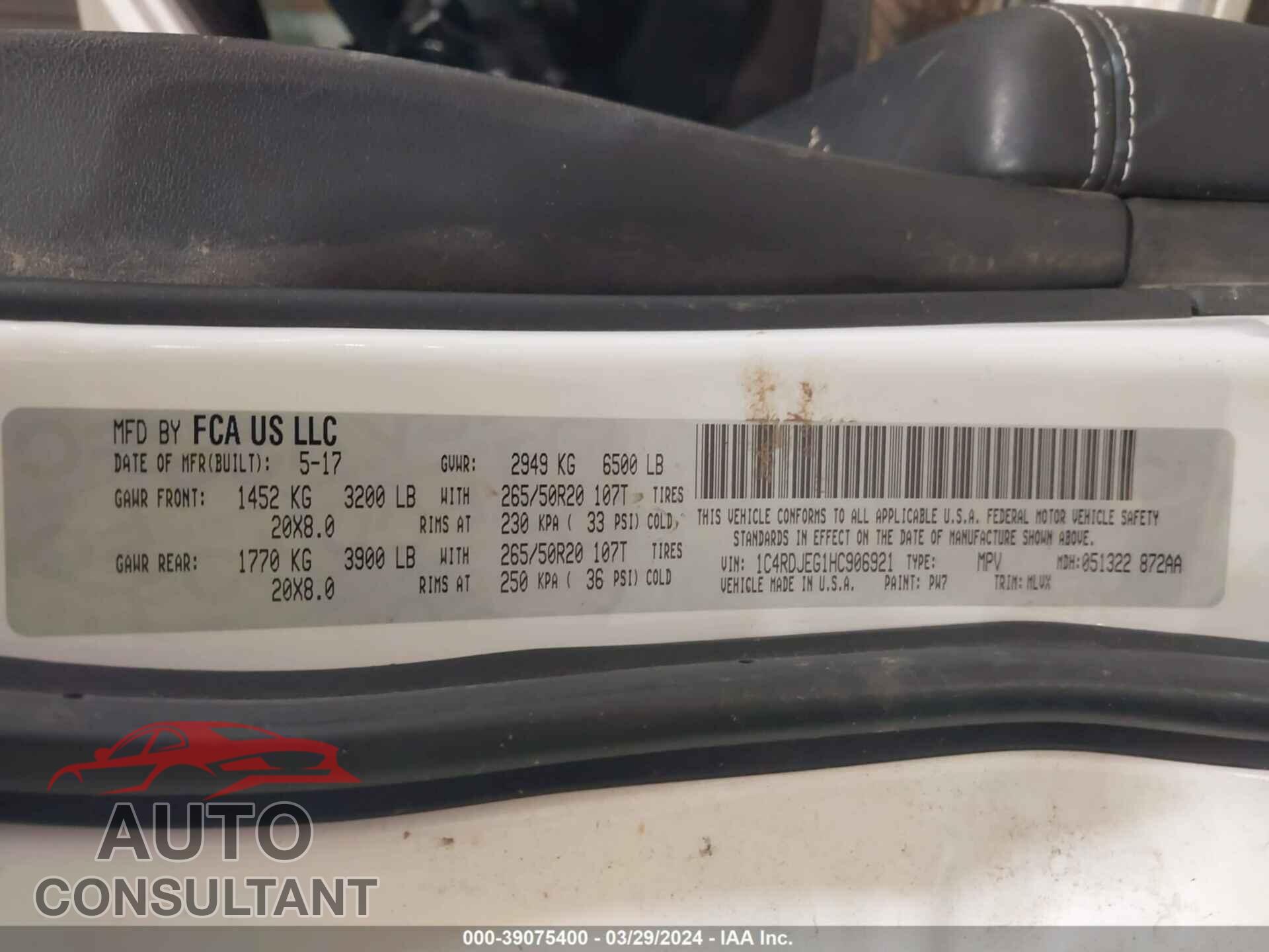 DODGE DURANGO 2017 - 1C4RDJEG1HC906921