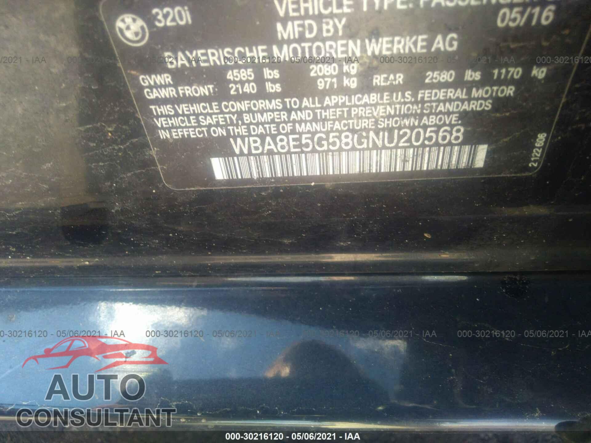 BMW 3 SERIES 2016 - WBA8E5G58GNU20568