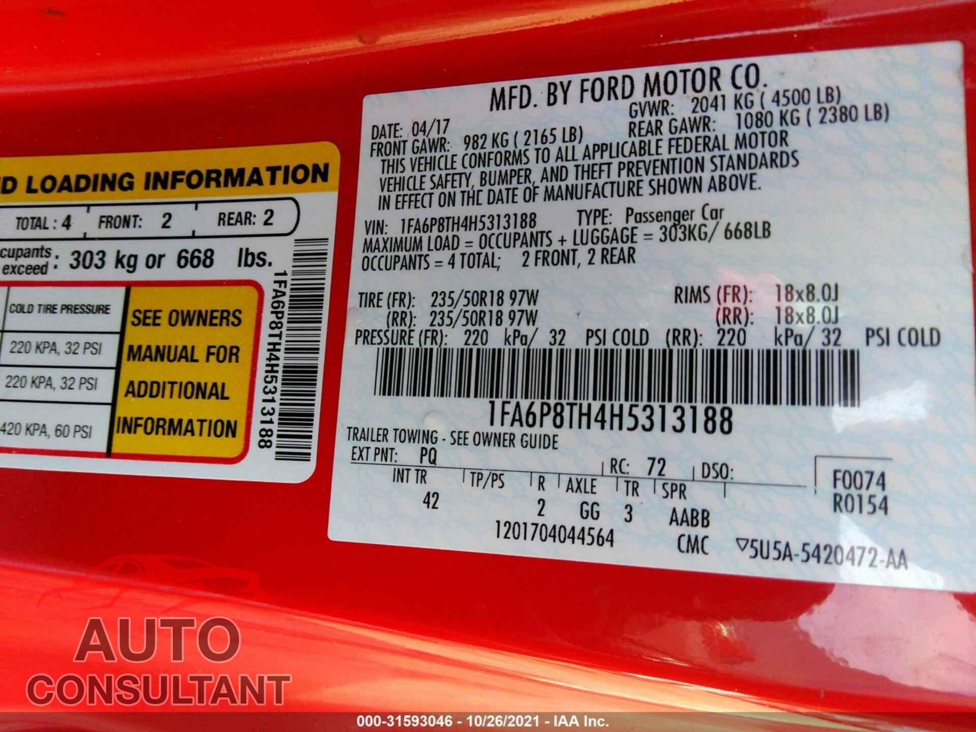 FORD MUSTANG 2017 - 1FA6P8TH4H5313188