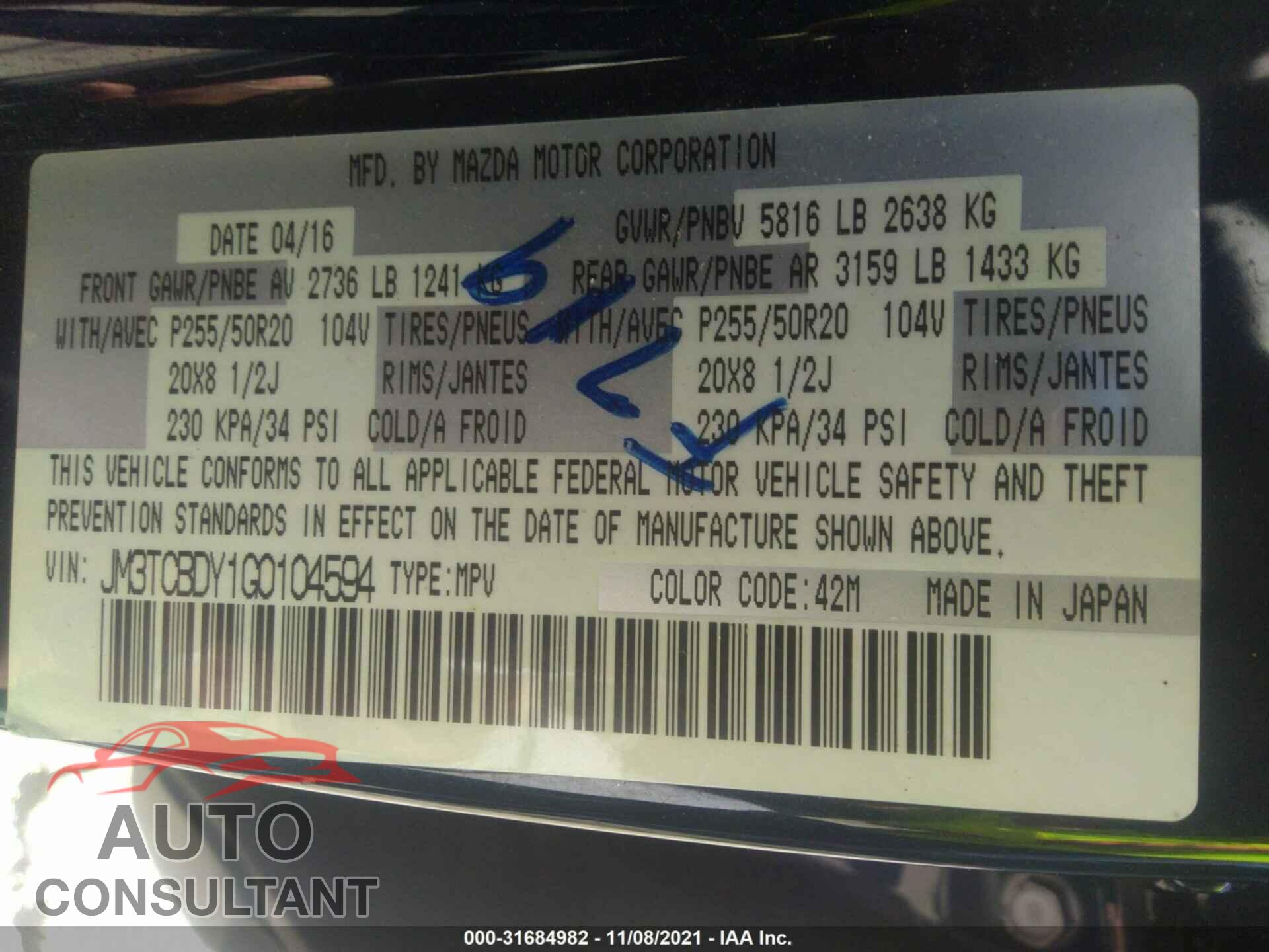 MAZDA CX-9 2016 - JM3TCBDY1G0104594