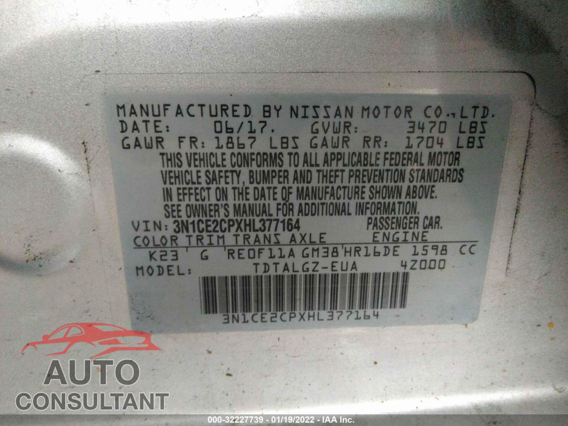NISSAN VERSA NOTE 2017 - 3N1CE2CPXHL377164
